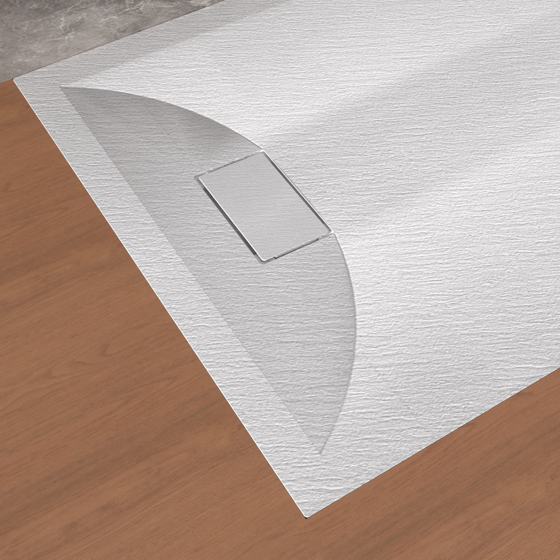 Curbless SMC Shower Base with Flamed Rock Slip-Resistant Surface, Reversible Drain