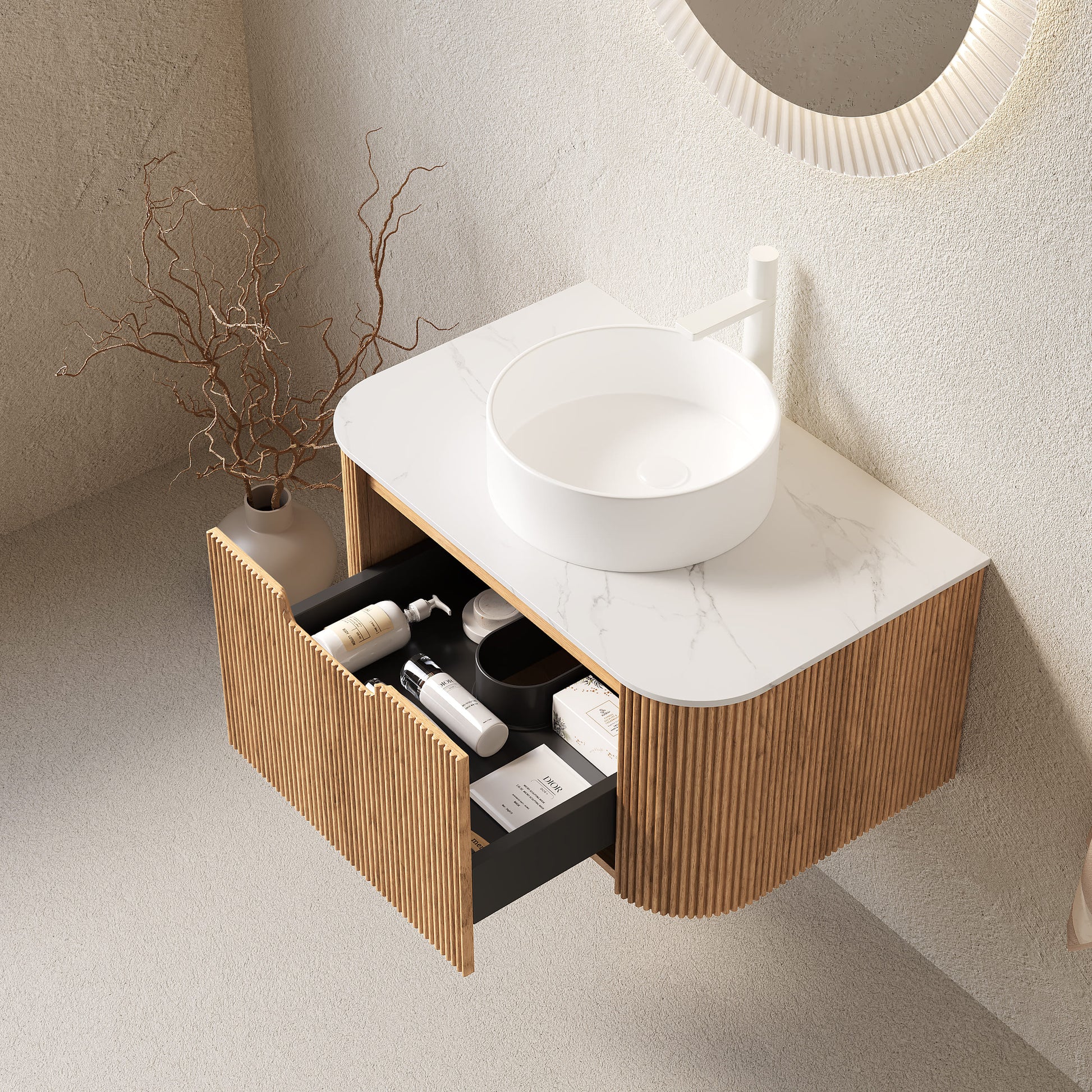 Floating Bathroom Vanity with Curved Edges, Fluted Drawer Fronts, Carrara Sintered Stone Top and Round Ceramic Vessel Sink, Natural Woodgrain / Dark Walnut