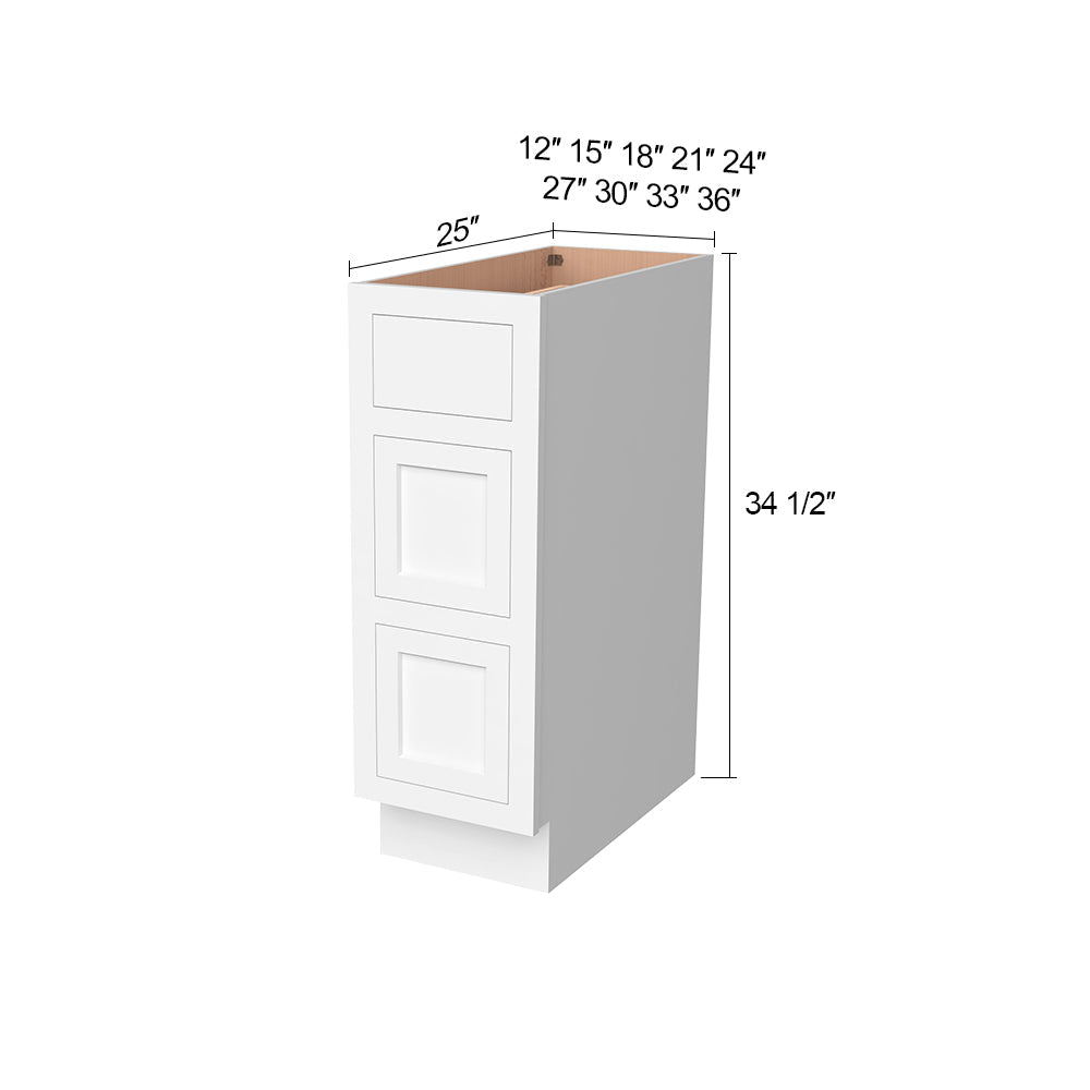 Inset Origami White RTA 12-36"W x 34.5"H x 25"D 9-Size Base Cabinet with 3 Drawers