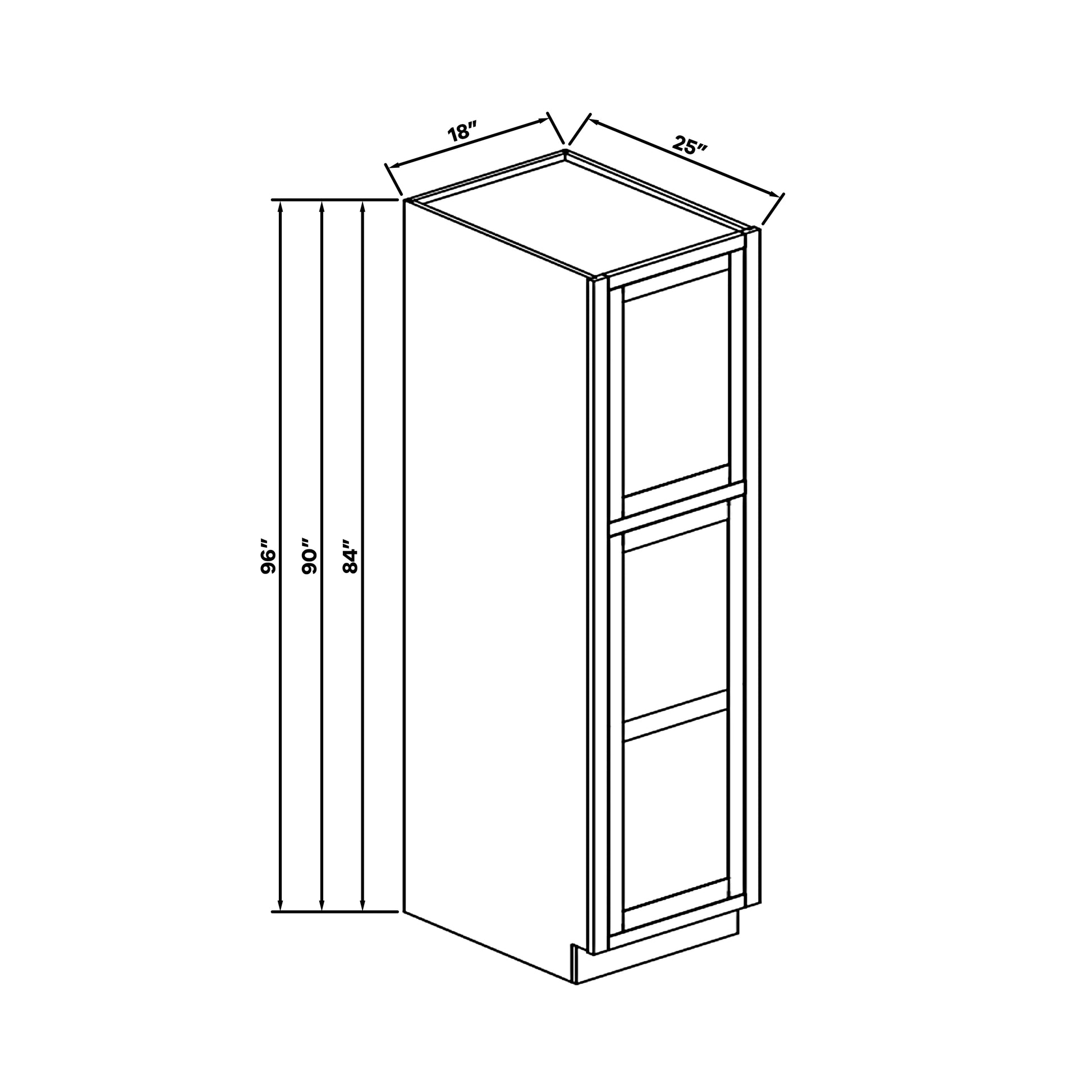 Inset Origami White RTA 18"W x 84-96"H x 25"D 3-Size Pantry Cabinet with 2 Doors and 4 Shelves