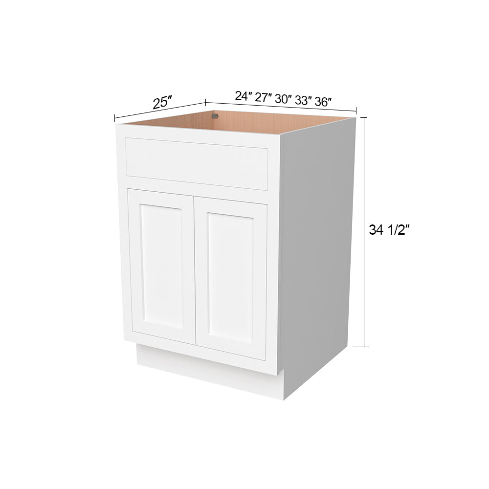 Inset Origami White RTA 24-36"W x 34.5"H x 25"D 5-Size Sink Base Cabinet with 2 Doors and 1 False Drawer