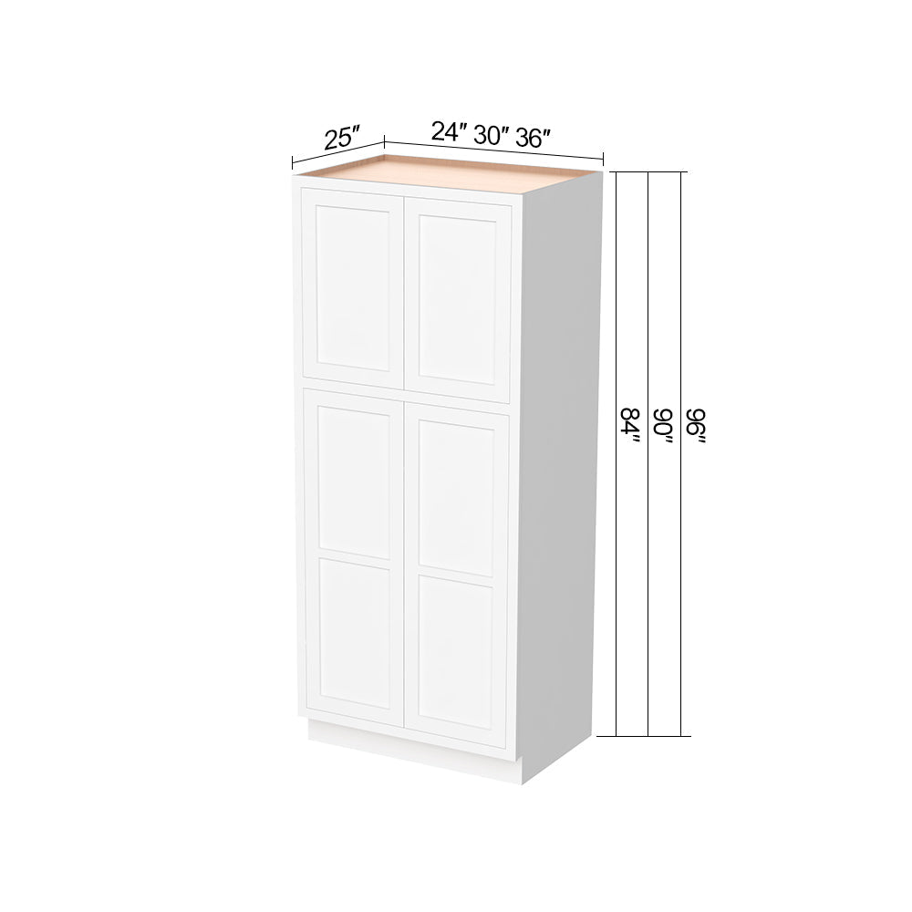 Inset Origami White RTA 24-36"W x 84-96"H x 25"D 9-Size Pantry Cabinet with 4 Doors and 4 Shelves