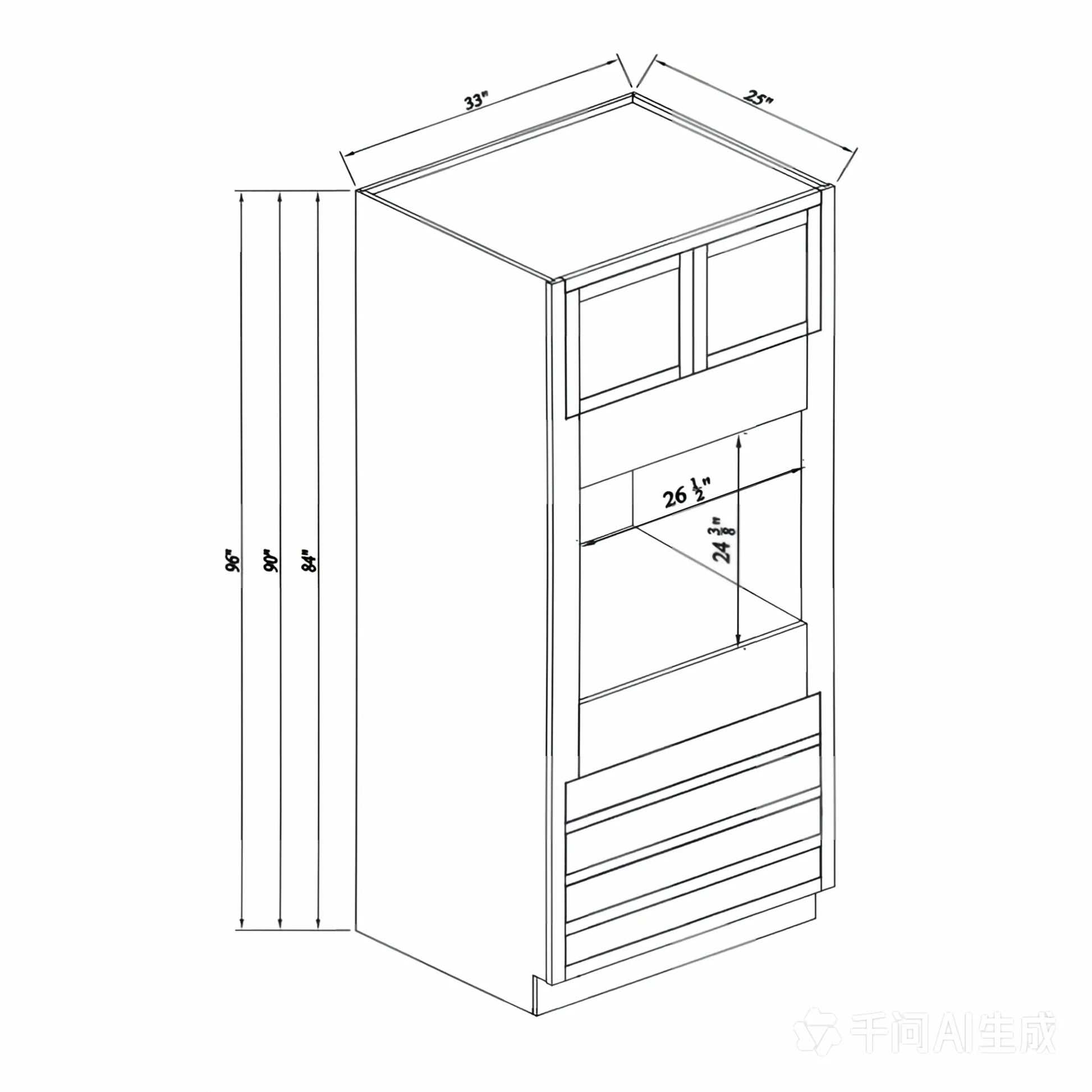Inset Origami White RTA 33"W x 84-96"H x 25"D 3-Size Pantry Cabinet with Oven Opening, 4 Drawers and 2 Doors
