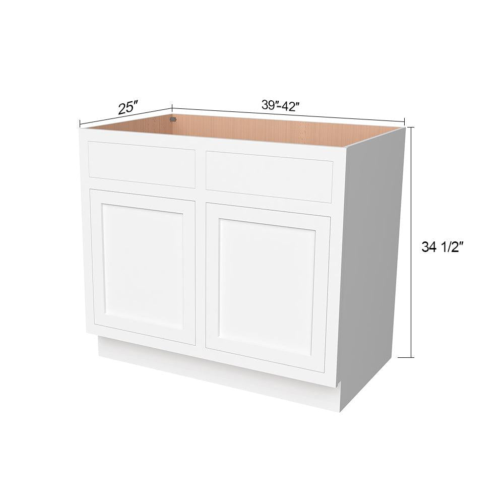 Inset Origami White RTA 39-42"W x 34.5"H x 25"D 2-Size Sink Base Cabinet with 2 Doors and 2 False Drawers