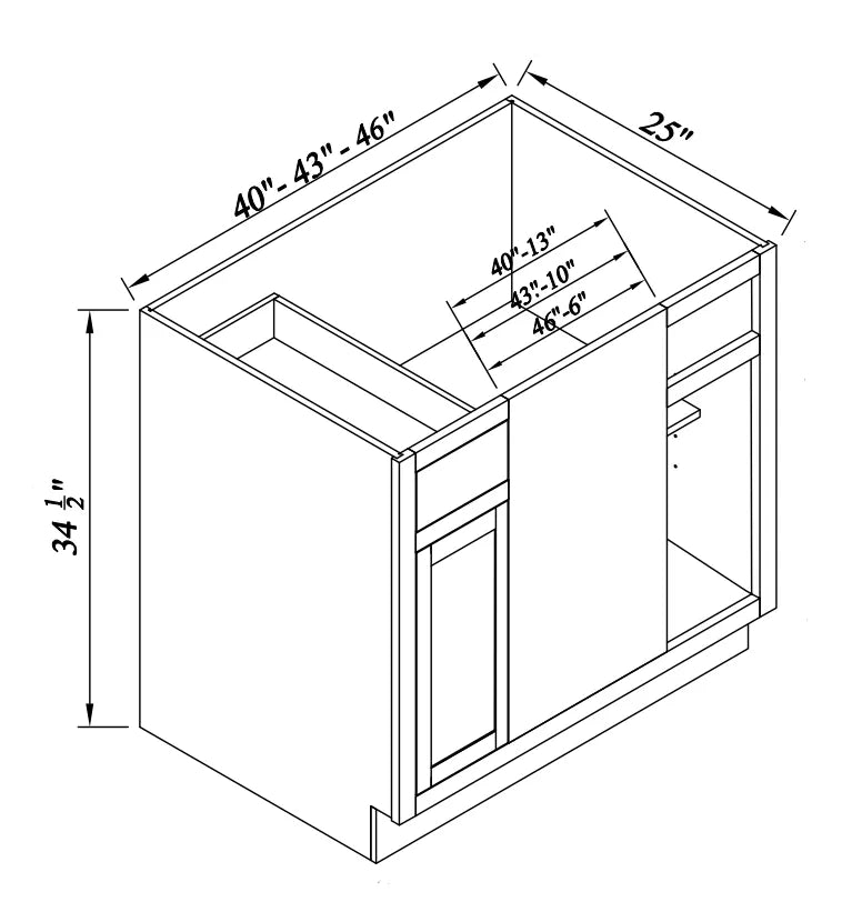 Inset Origami White RTA 40-46"W x 34.5"H x 25"D 3-Size Blind Corner Base Cabinet with 1 Door, 1 Drawer and 1 Shelf