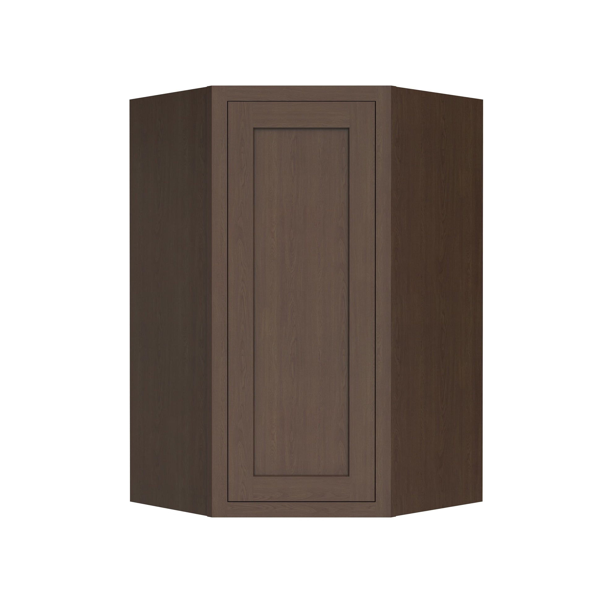 Inset Truffle Brown RTA 25.5"W x 18-42"H x 13.5"D 4-Size Diagonal Corner Wall Cabinet with 2-3 Shelves