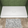 One-piece White Shower Base with Flamed Rock Slip-Resistant Surface, Center Drain