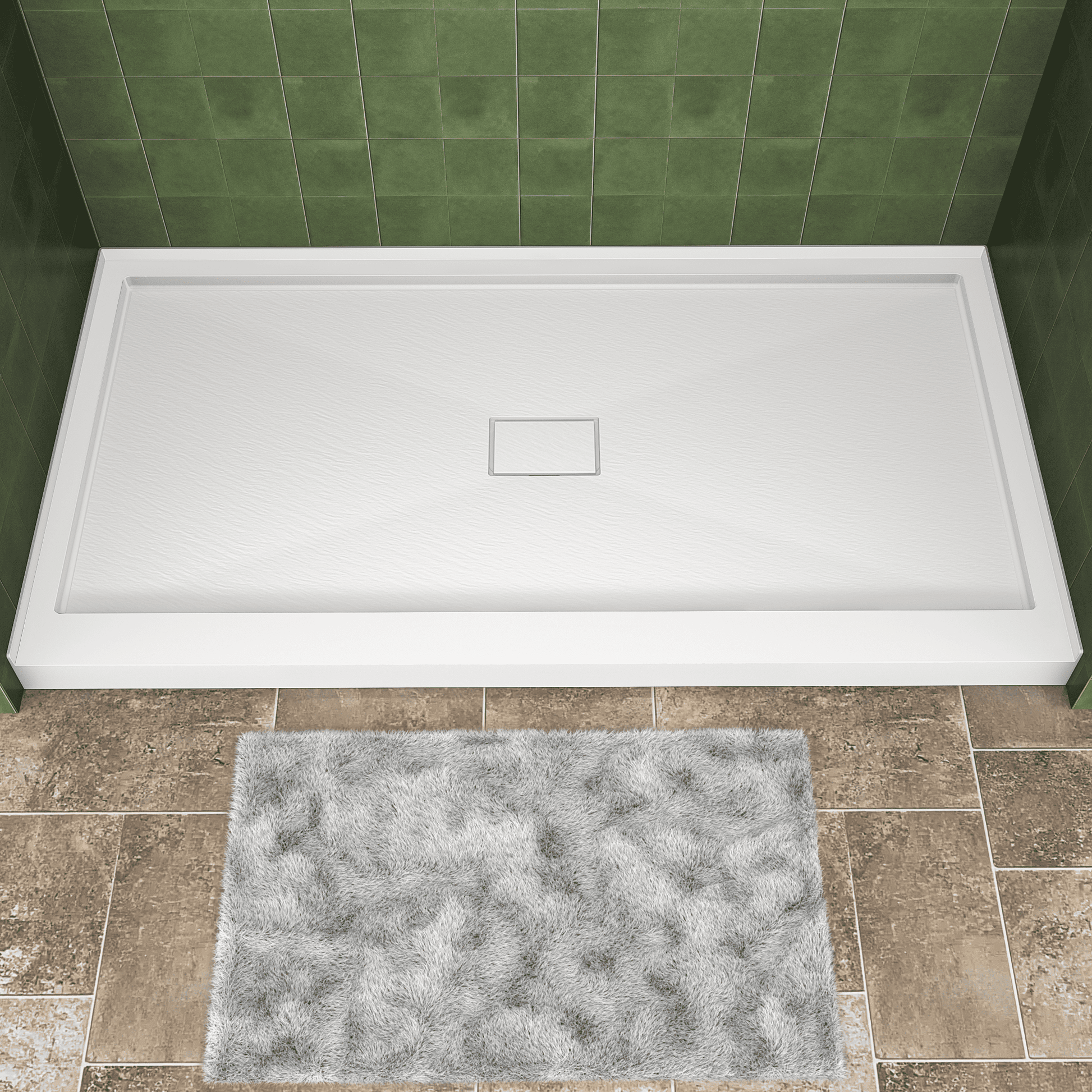 One-piece White Shower Base with Flamed Rock Slip-Resistant Surface, Center Drain