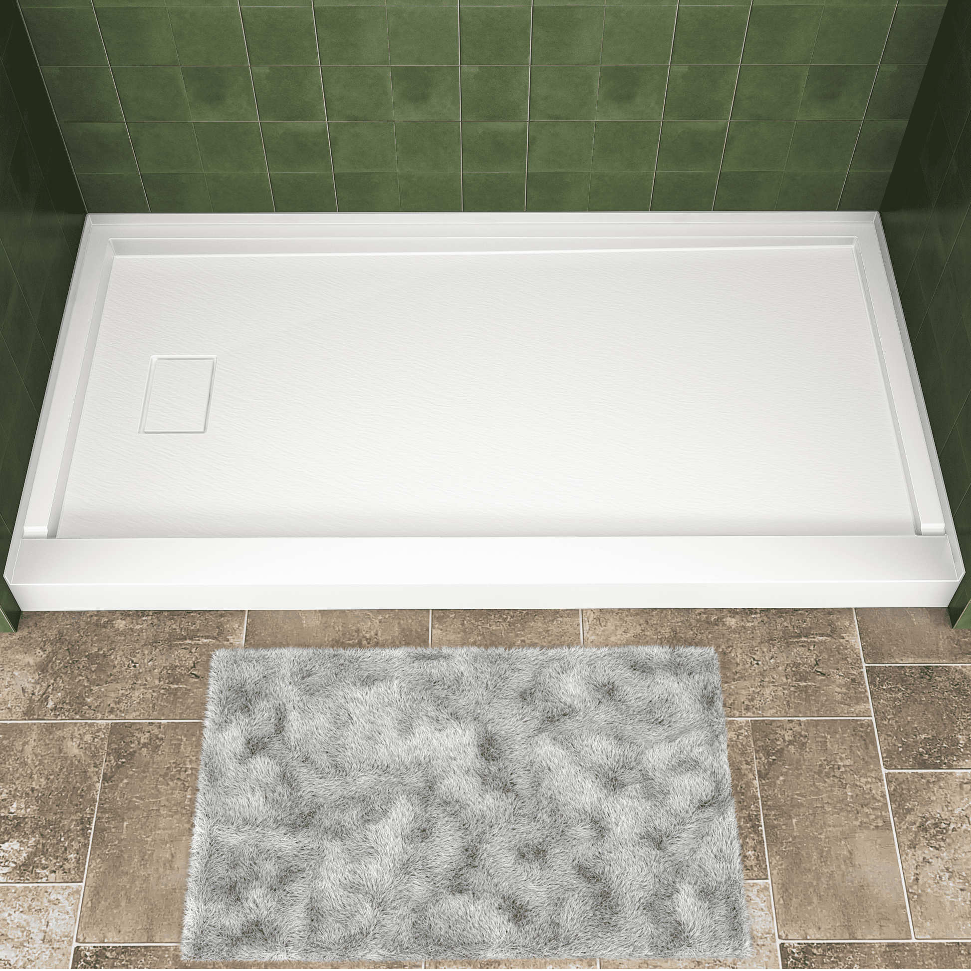 One-piece White Shower Base with Flamed Rock Slip-Resistant Surface, Left/Right Drain