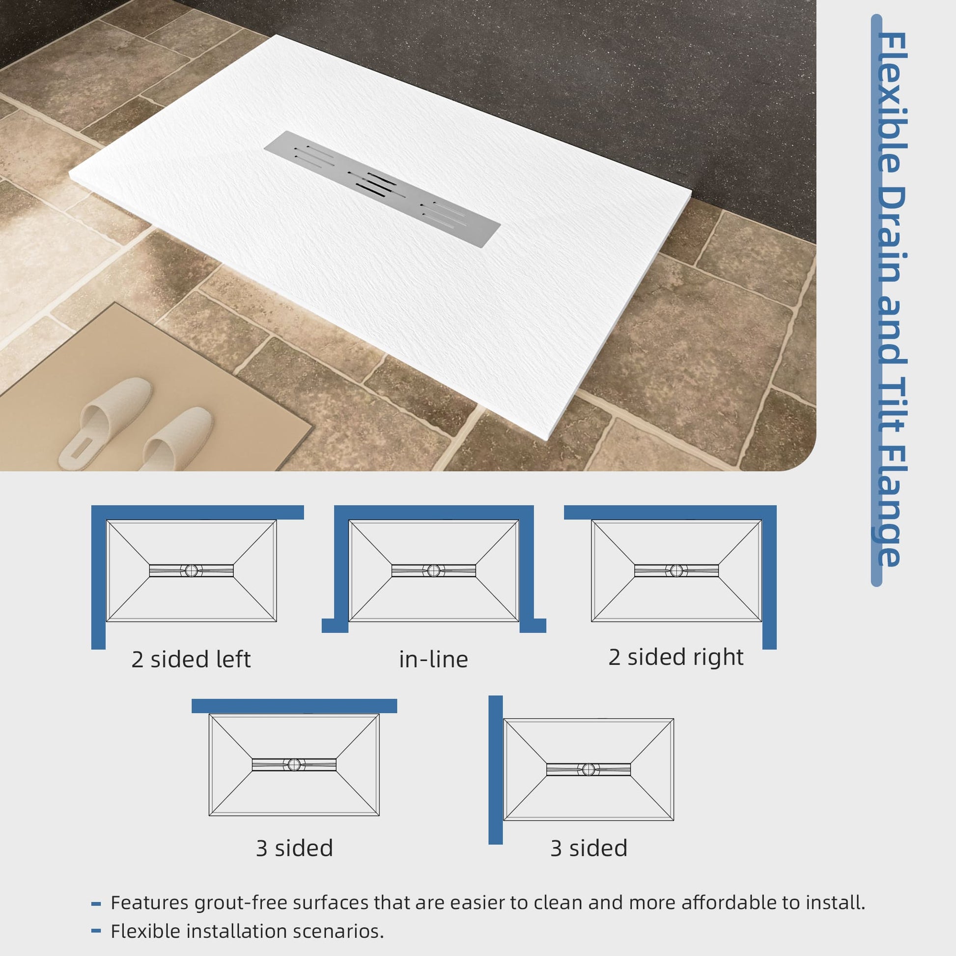 White/Calacatta Curbless SMC Shower Base with Flamed Rock Slip-Resistant Surface, Center Drain