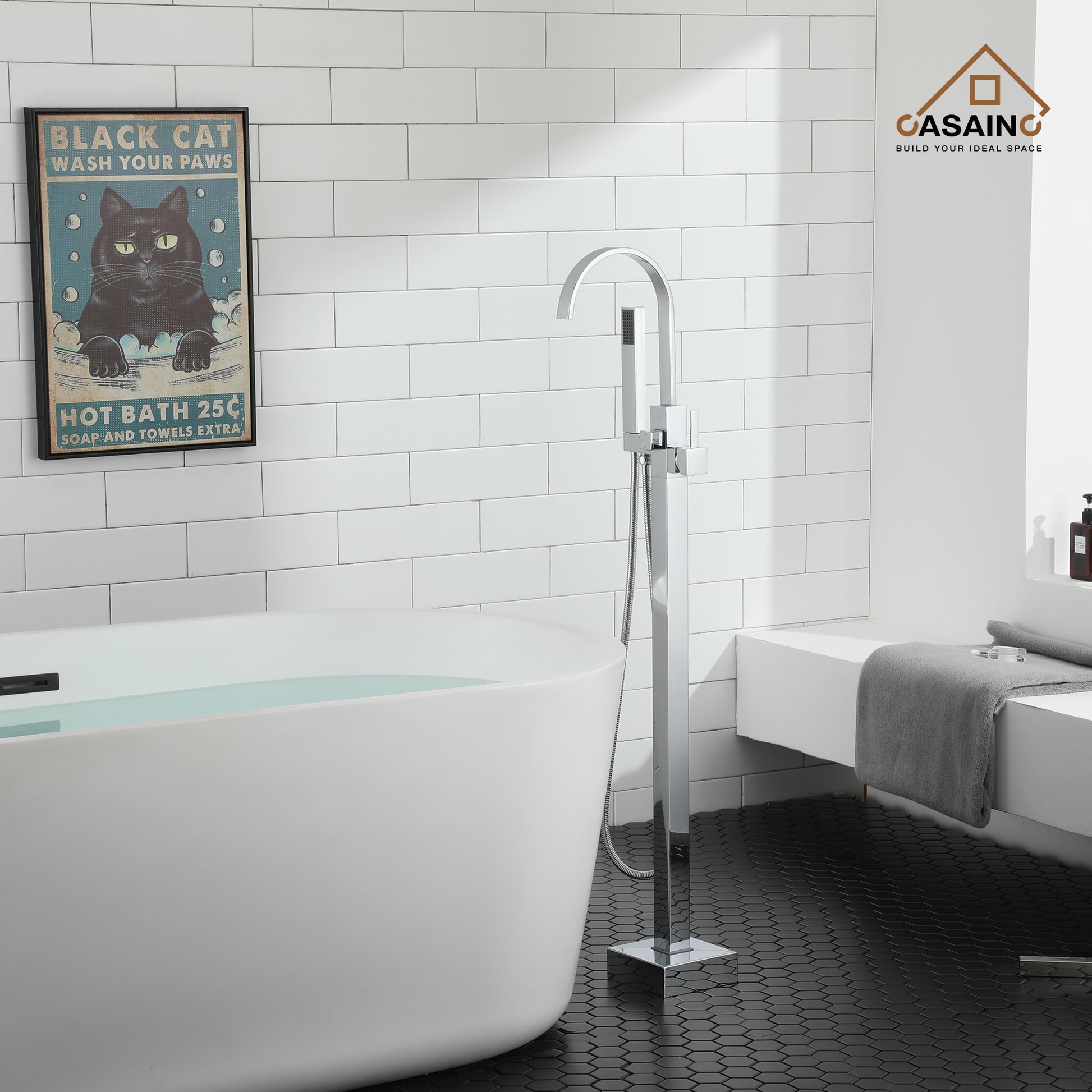 Floor Mount High Arc Bathtub Faucet with Ceramic Filter and Hand Shower