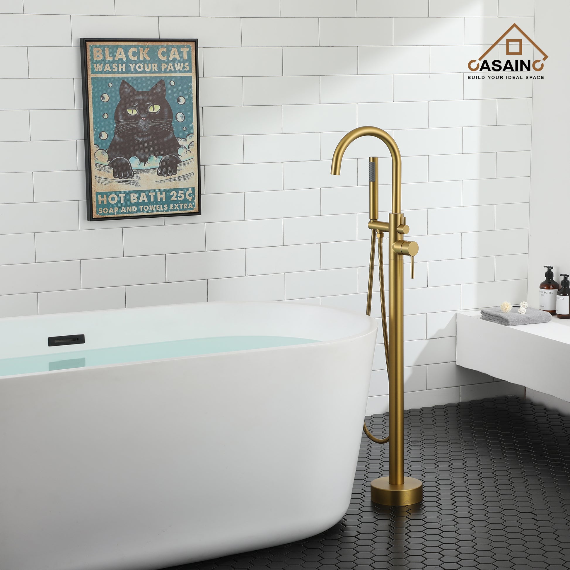 Freestanding Bathtub Faucet with Hand Shower in Brushed Brass