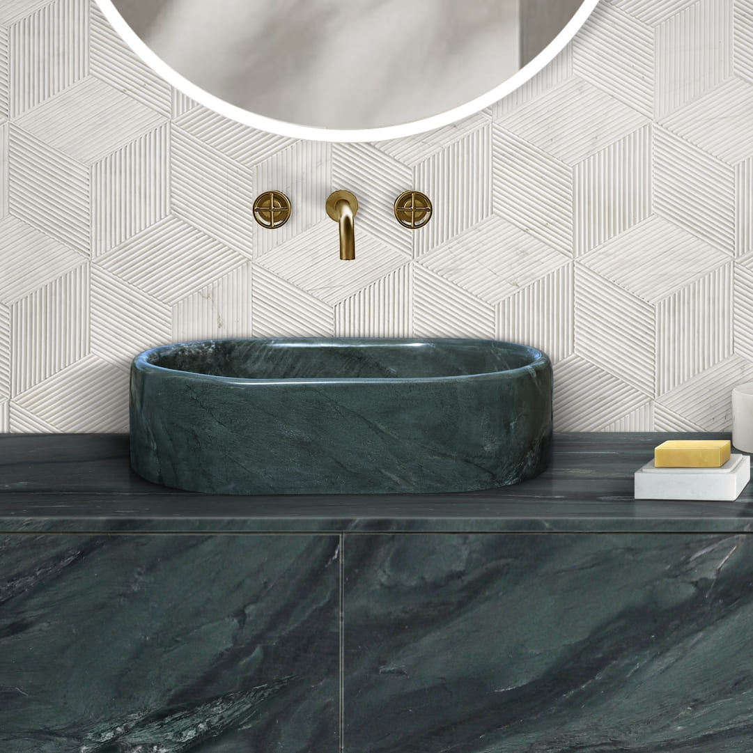 23.6" Natural Marble Vessel Sink with Polished Finish – Real Stone Bathroom Basin in  Beige Gold/White Natural/Gray/Green