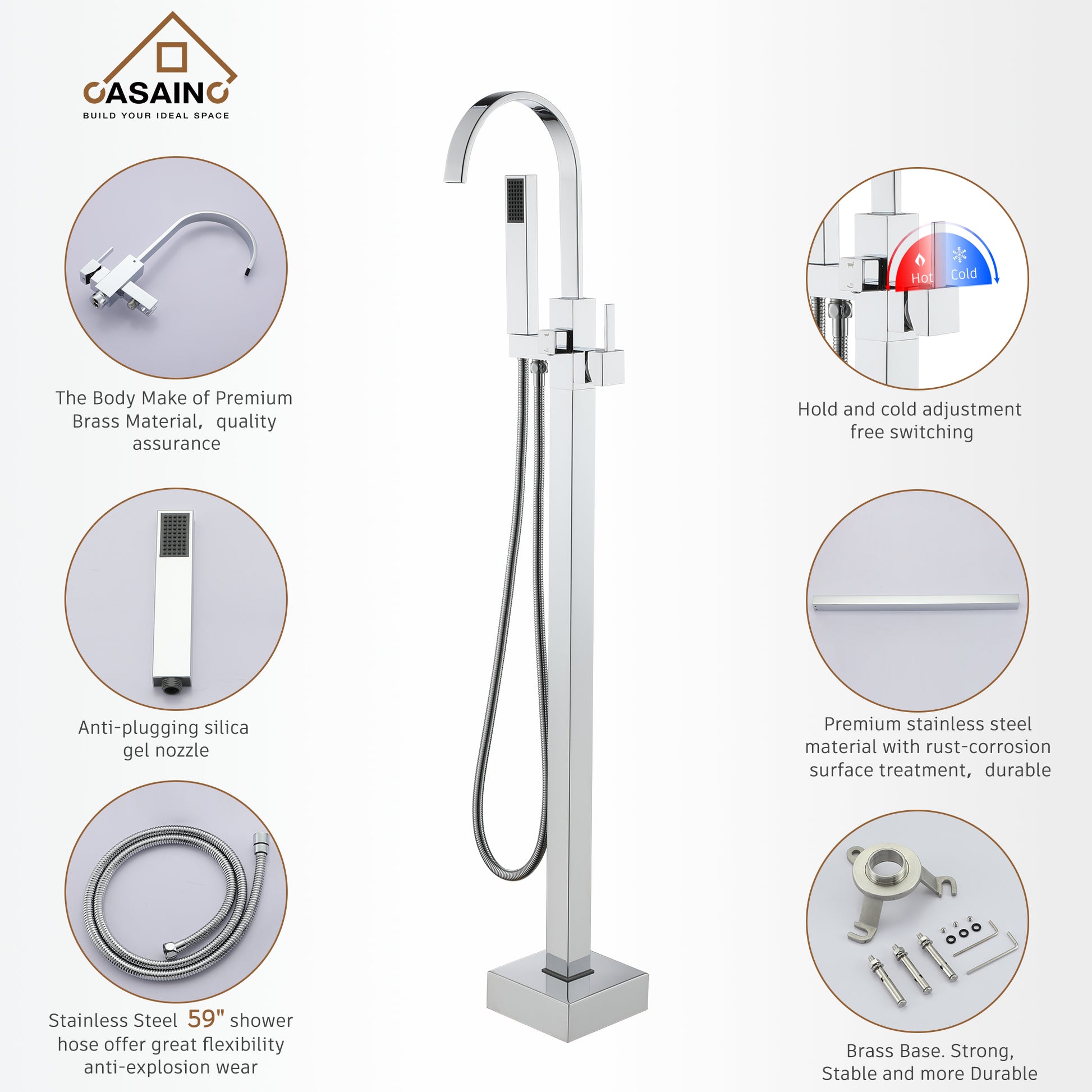Floor Mount High Arc Bathtub Faucet with Ceramic Filter and Hand Shower
