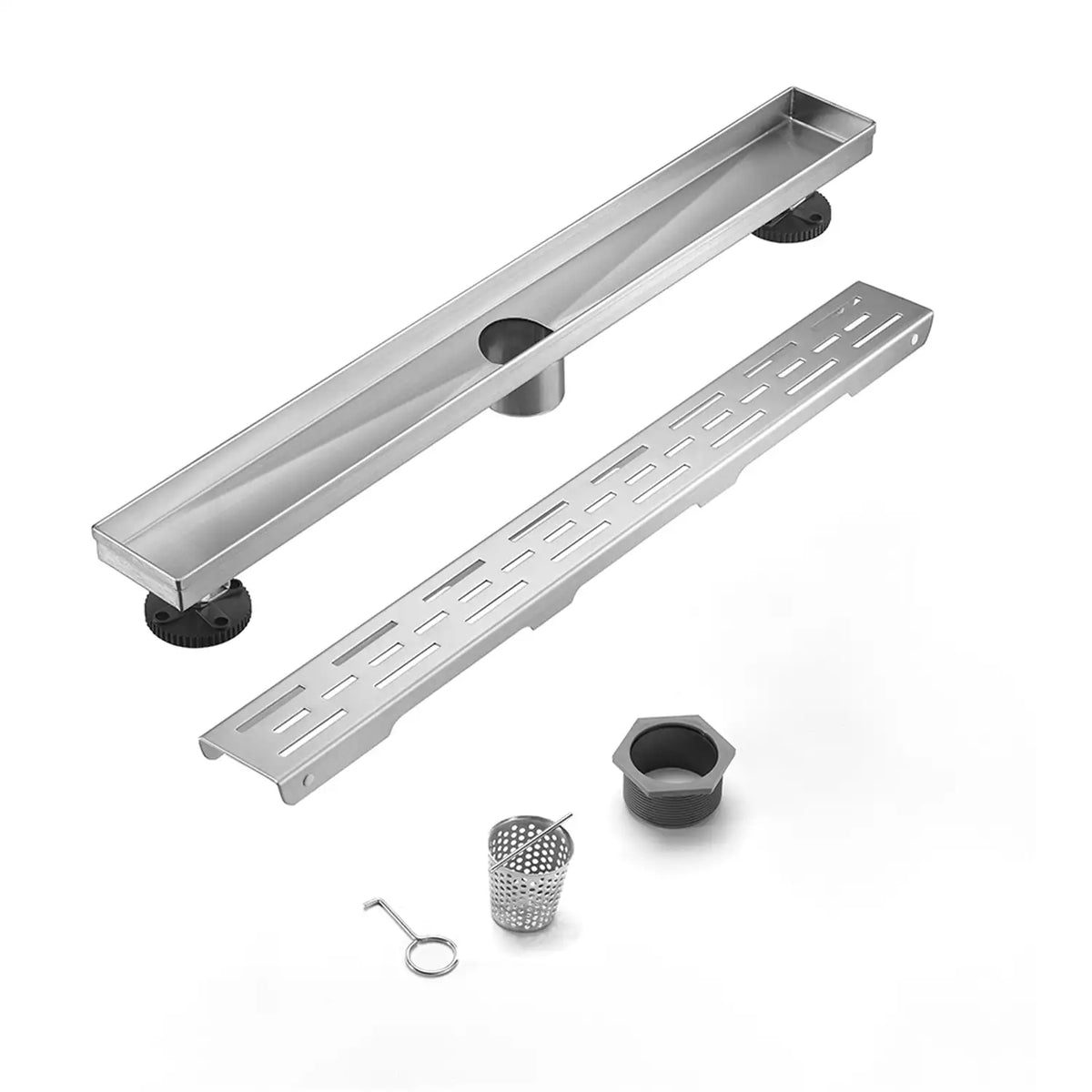 Linear Shower Drain with Brick Pattern Grate Cover and Hair Strainer in 304 Stainless Steel