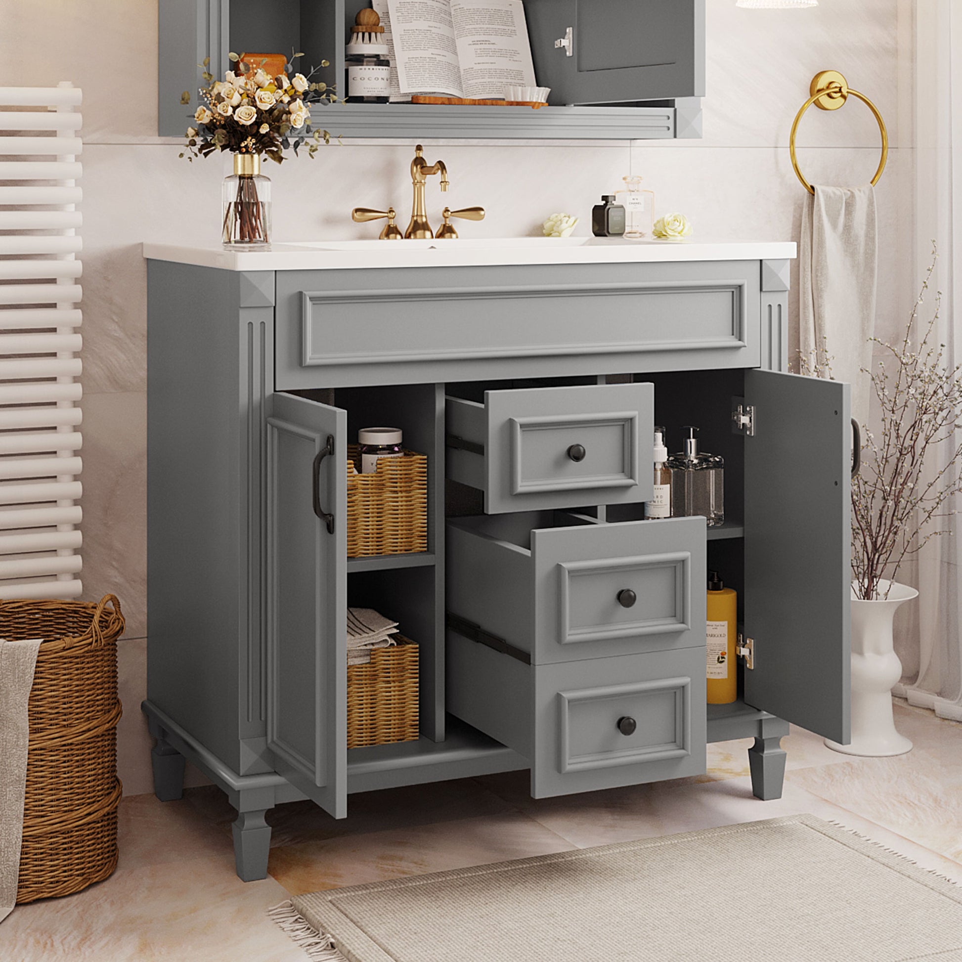 36'' Single Sink Freestanding Bathroom Vanity with 2 Soft Closing Doors and 2 Drawers