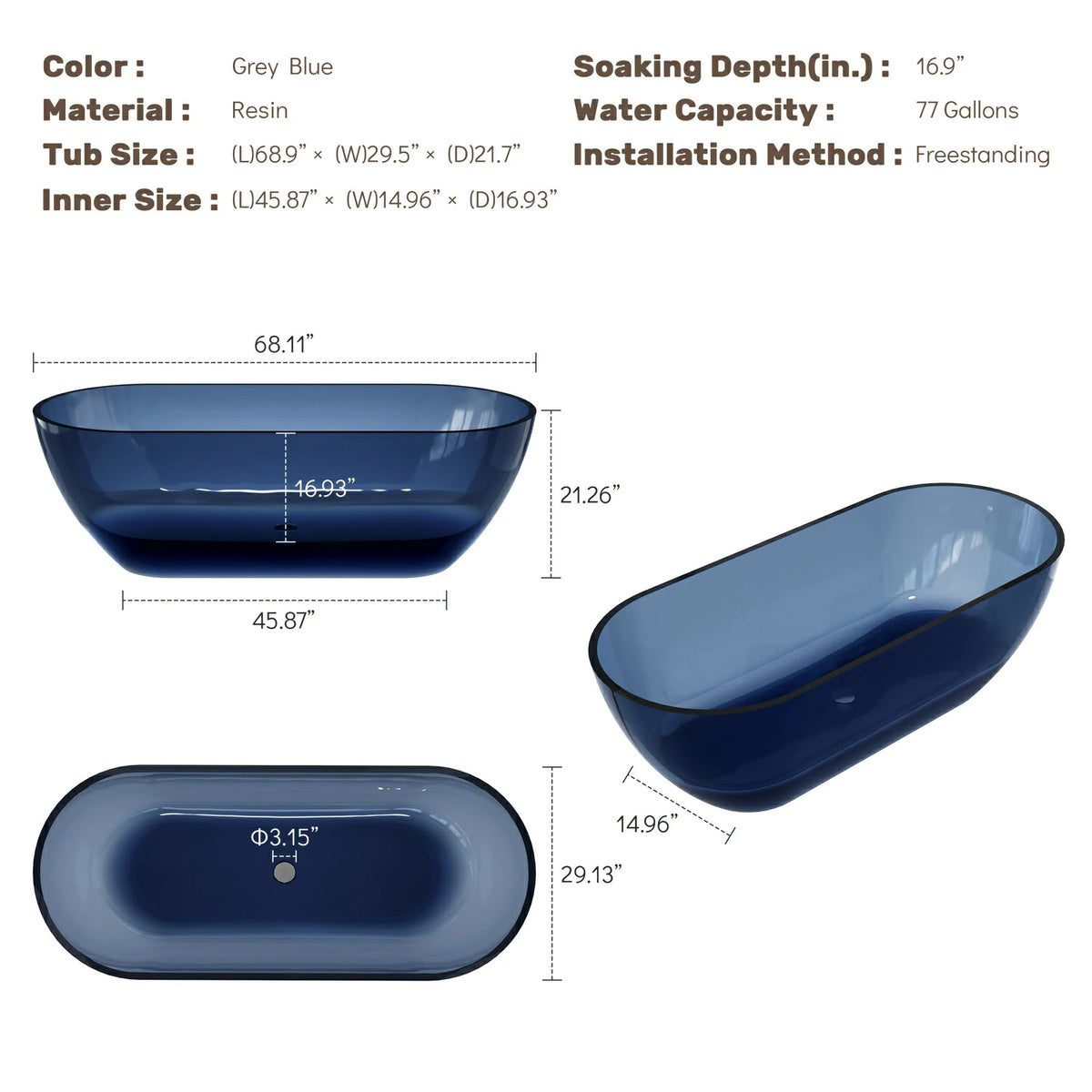 68.9" Modern Oval Freestanding Bathtub, Translucent Grey Blue Deep Soaking Tub for Bathroom