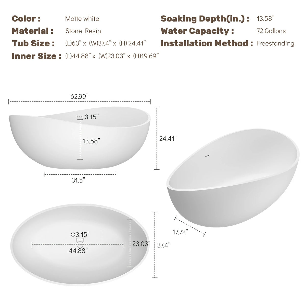 63" Modern Solid Surface Freestanding Soaking Bathtub with Sculptural Oval Design