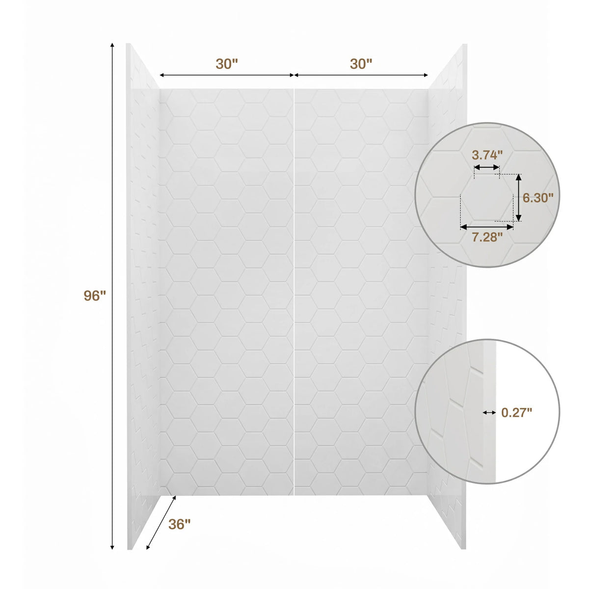 60" White Glossy Hexagon Shower Wall, Artificial Stone Shower Panel