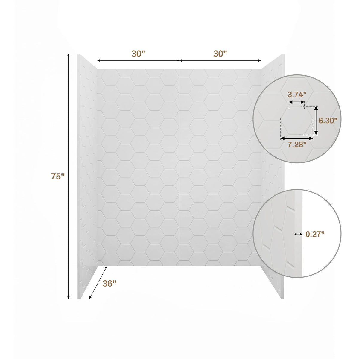60" White Glossy Hexagon Shower Wall, Artificial Stone Shower Panel