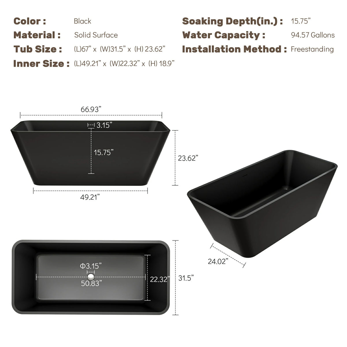 67" Modern Solid Surface Freestanding Soaking Bathtub for Luxury Bathrooms