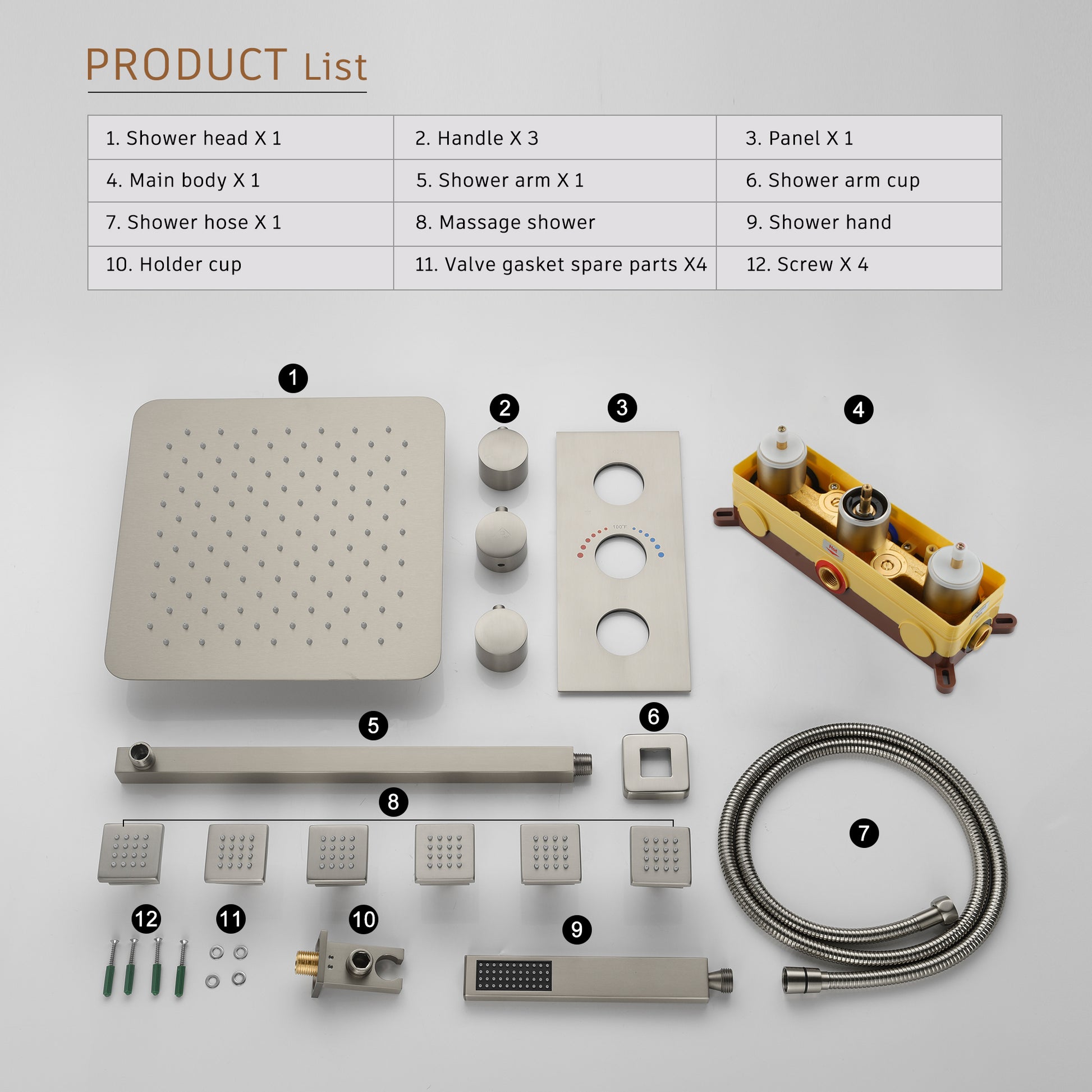 12" Thermostatic Complete Shower System with Rough-in Valve & 6 Body Jets