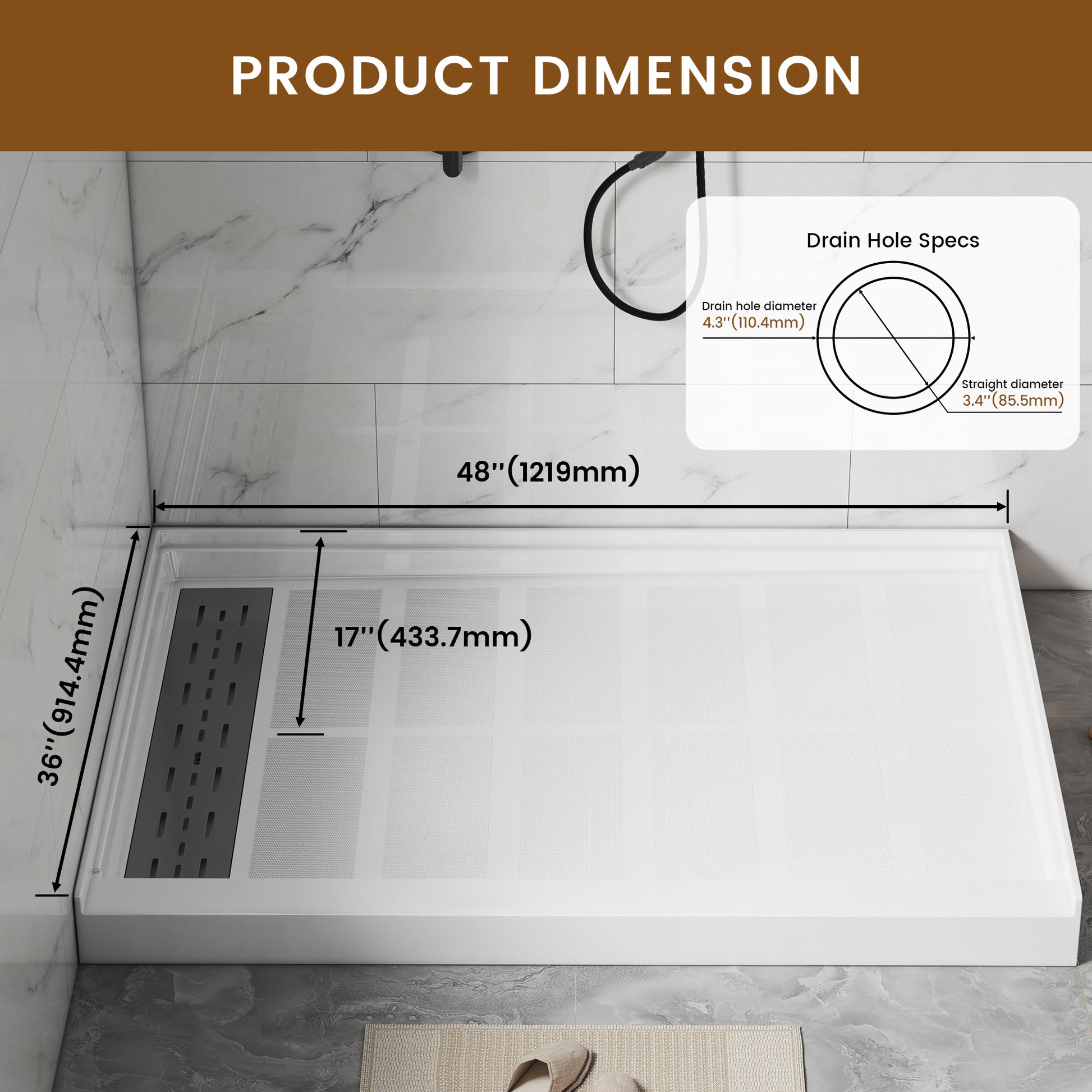 48x36” SMC Solid White Shower Base with Non-Slip Surface, CUPC Certified