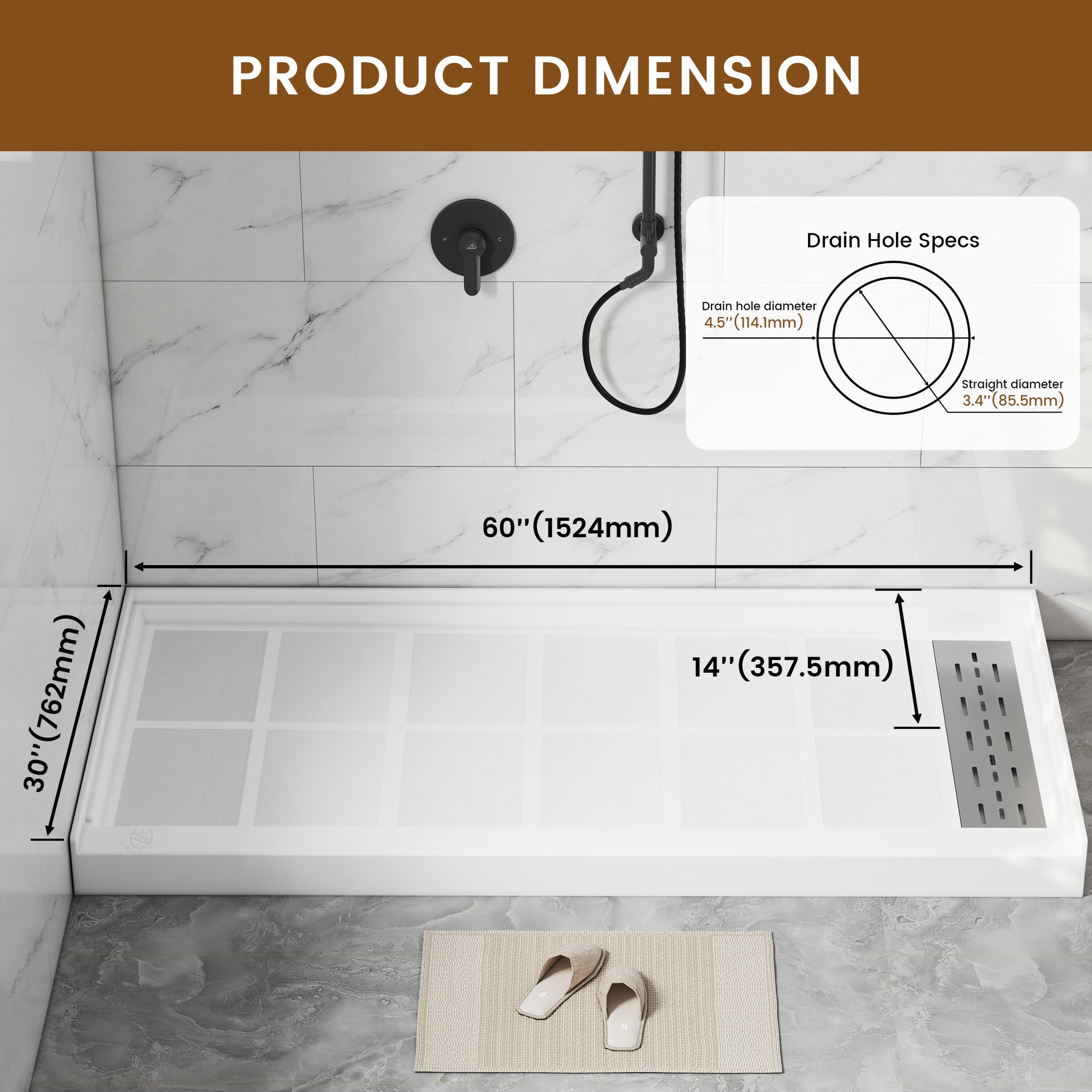 60"x30" Solid Surface Alcove Shower Pan Base in White, Drain Included