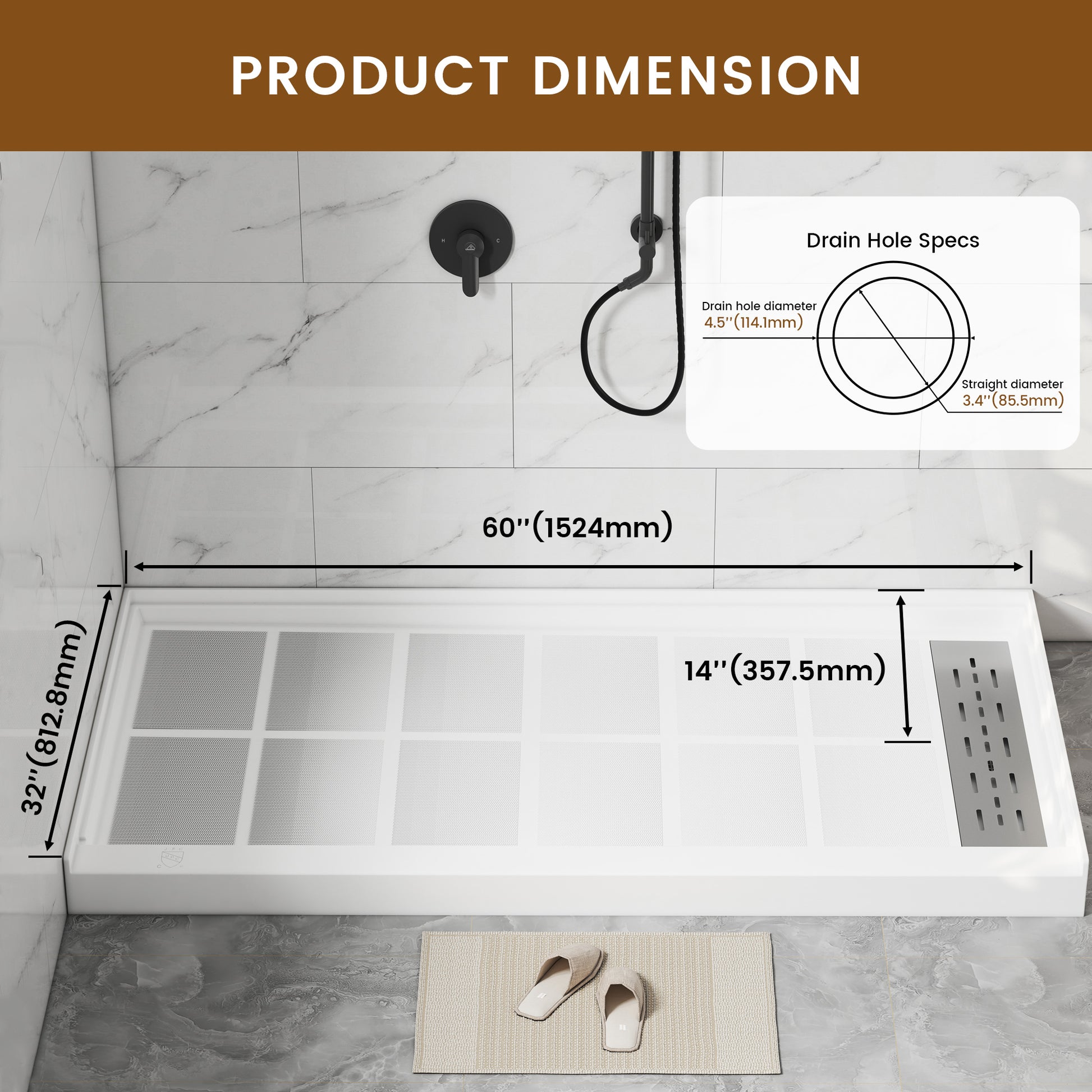 60"x32" White Solid Surface Single Threshold Alcove Shower Pan Base