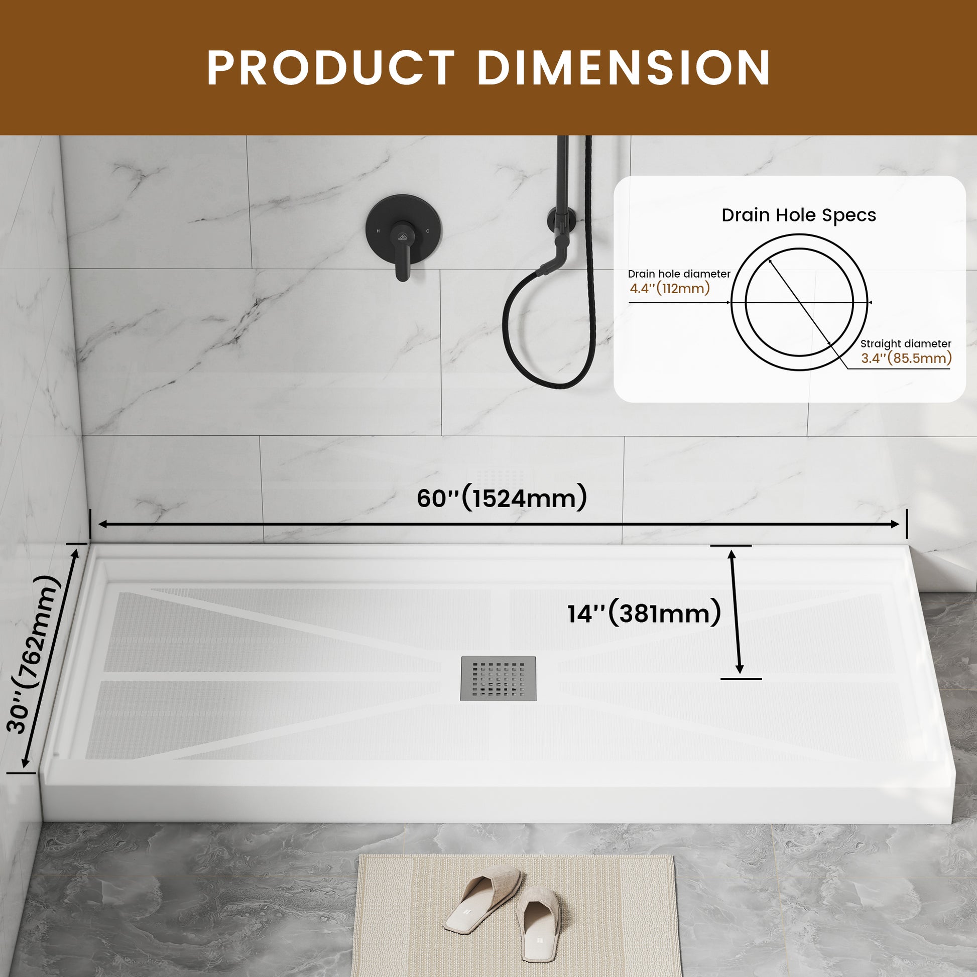 Rectangle Solid Surface White Shower Pan Base with Center Drain