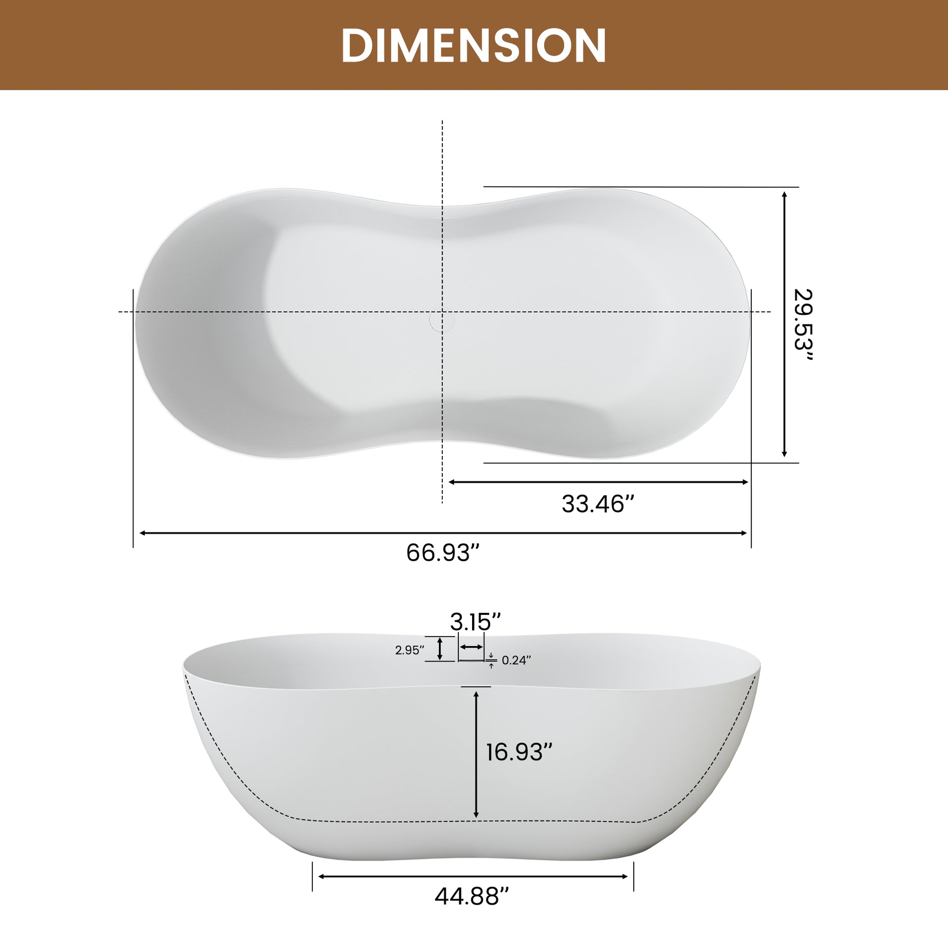 67" Solid Surface Freestanding Soaking Bathtub with Unique Peanut Shape