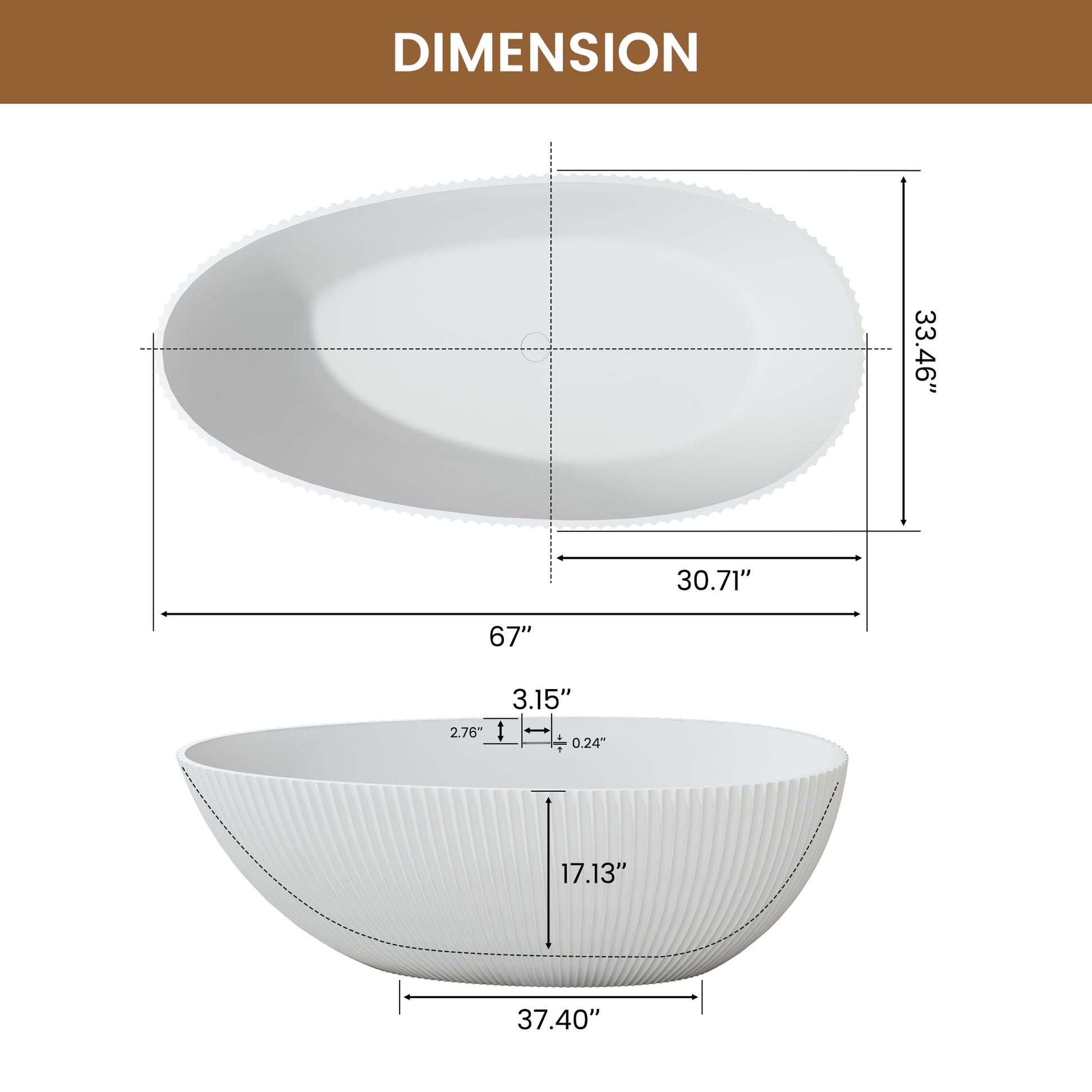 67" Solid Surface Freestanding Soaking Bathtub with Ribbed Textured Design