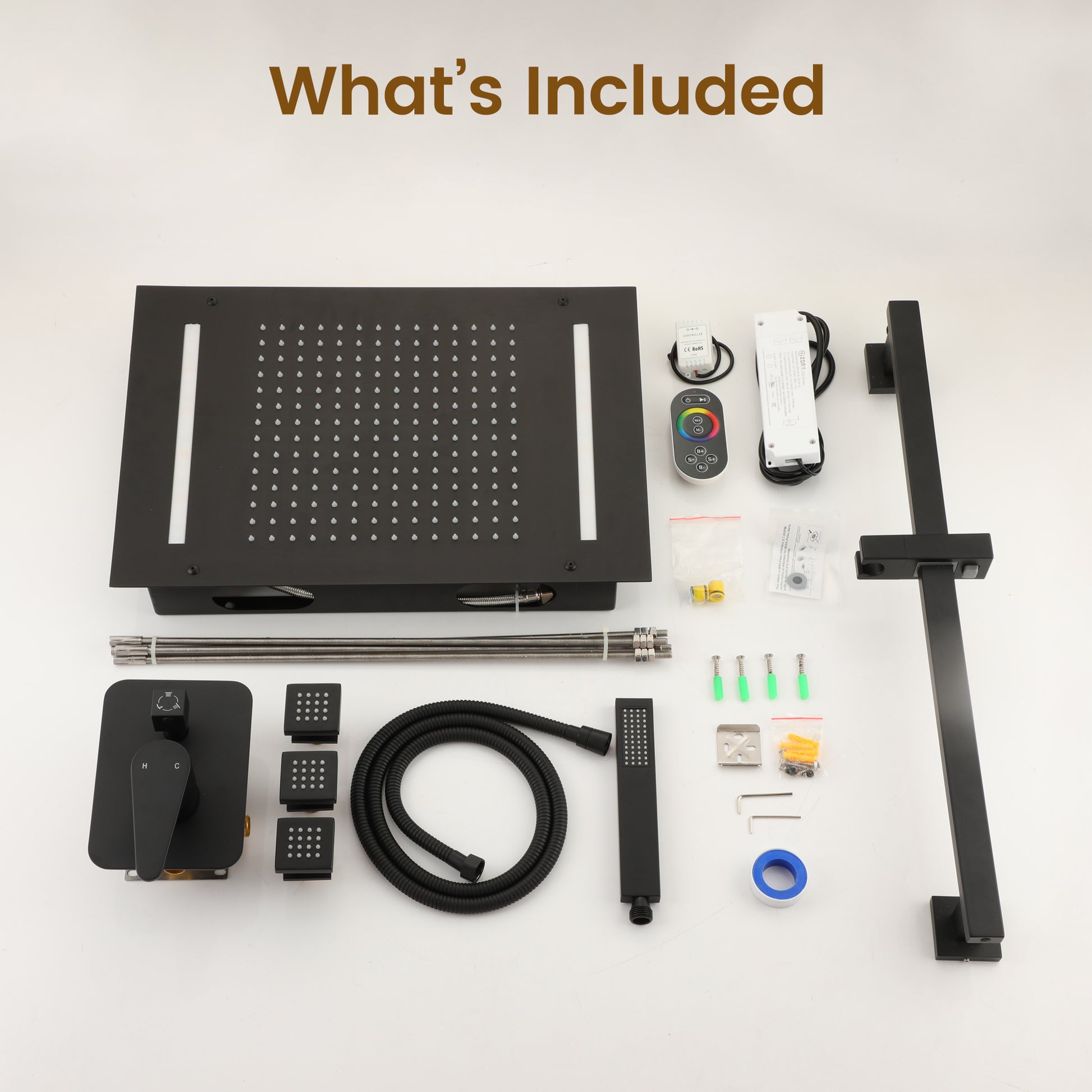 20*14 inch 3-Function Body Jet Shower System with LED Lights & Slide Bar