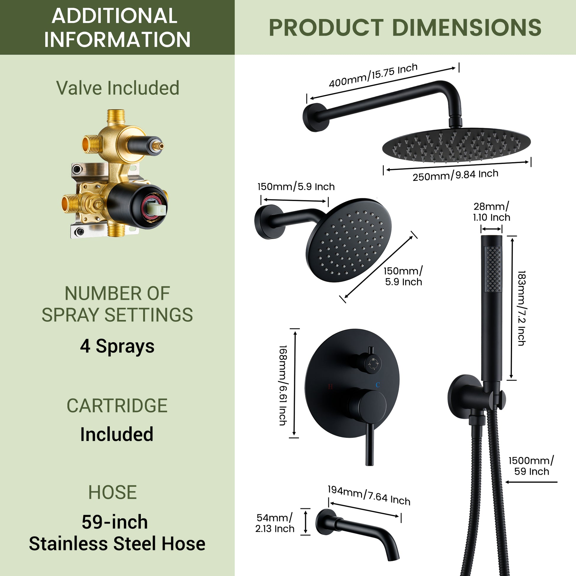10-inch 4-Function Wall-Mounted Dual Shower System with Tub Filler