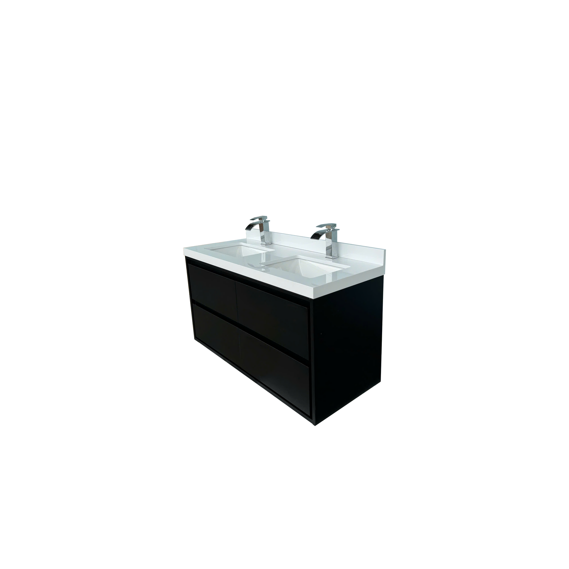 48" Matte Black Wall-mount Bathroom Vanity with Double Sink & Marble Top