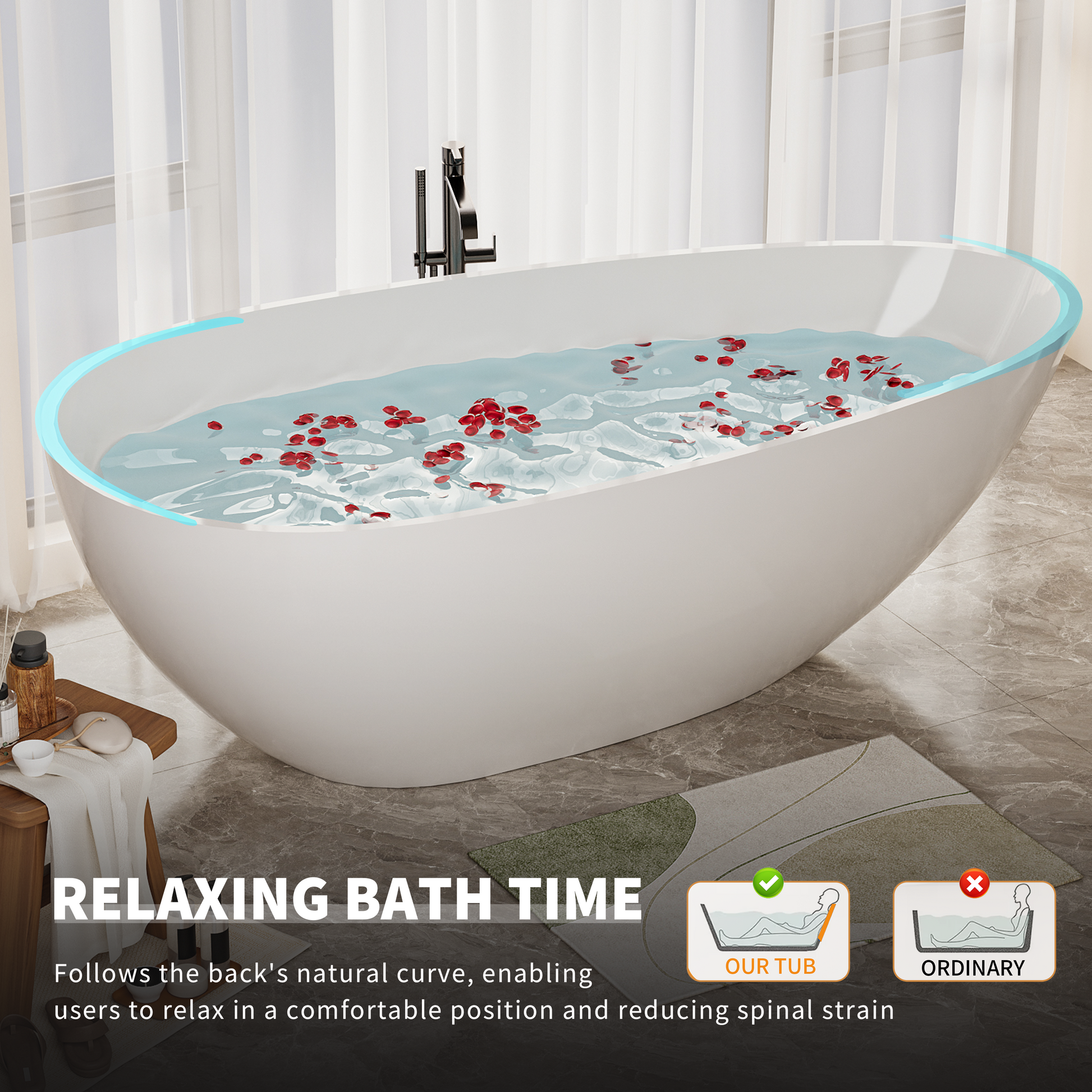 59" Luxury Handcrafted Freestanding Solid Surface Soaking Bathtub in Glossy White