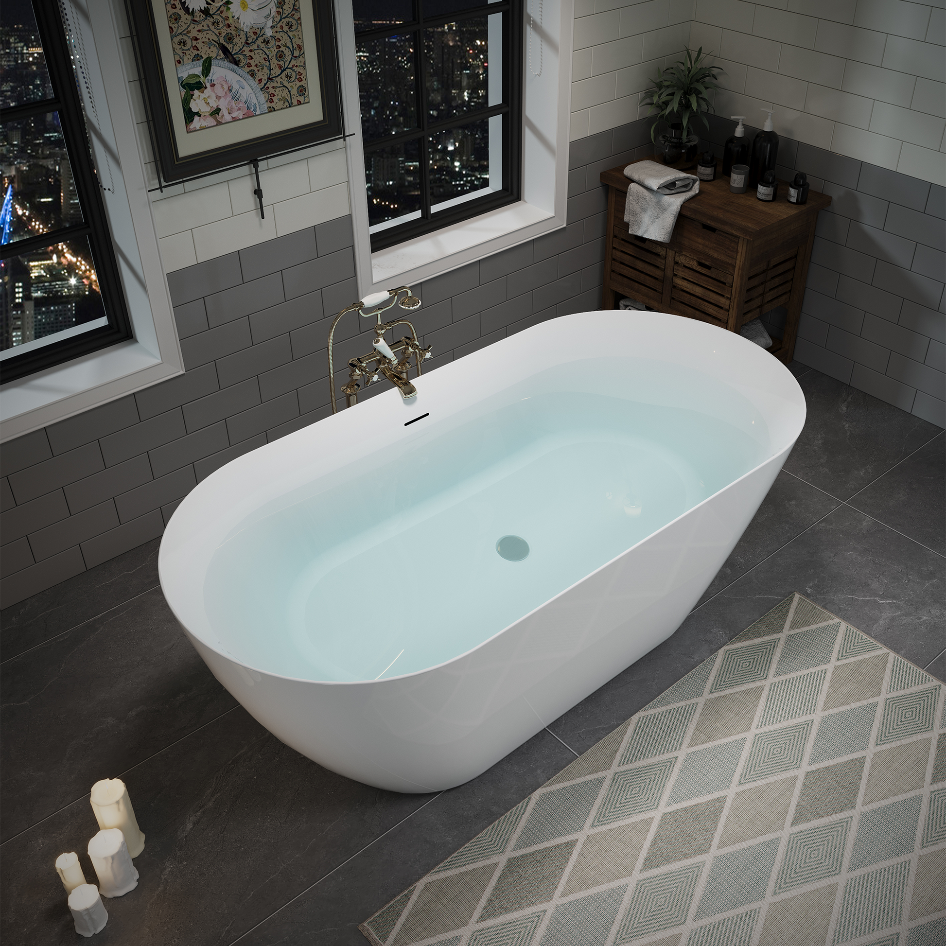 59" Glossy White Acrylic Freestanding Oval Soaking Bathtub with Center Pop-Up Drain and Integrated Overflow