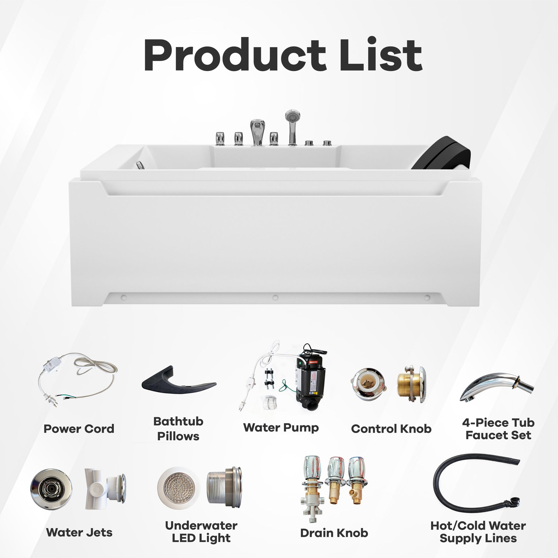 73" Two-Person Whirlpool Tub with Hydro Massage Jets & Chromotherapy Lighting
