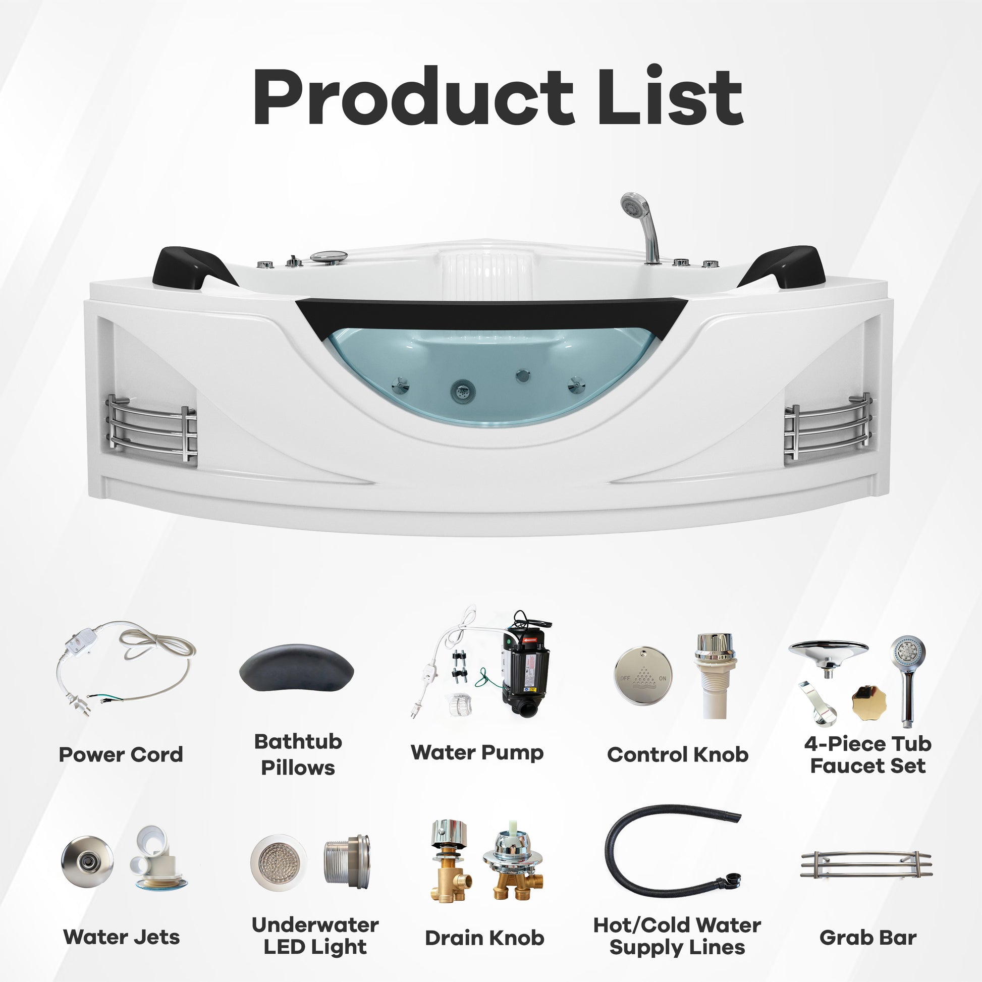59" Corner Whirlpool Massage Bathtub for 2 Persons with Hydrotherapy Jets & LED Mood Lighting