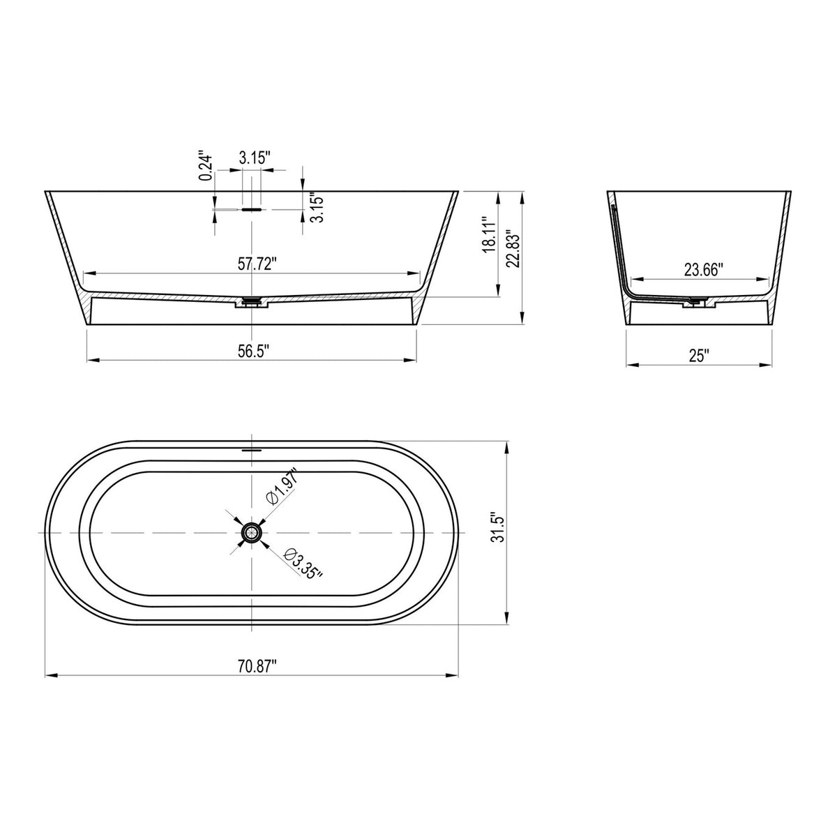 55"/ 59"/63"/65"/71" Matt White Solid Surface Freestanding Soaking Bathtub for Bathroom