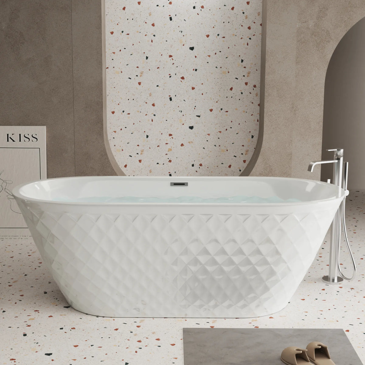 59" Gloss White Diamond-Pattern Exterior Acrylic Freestanding Bathtub with Chrome Overflow and Pop-Up Drain