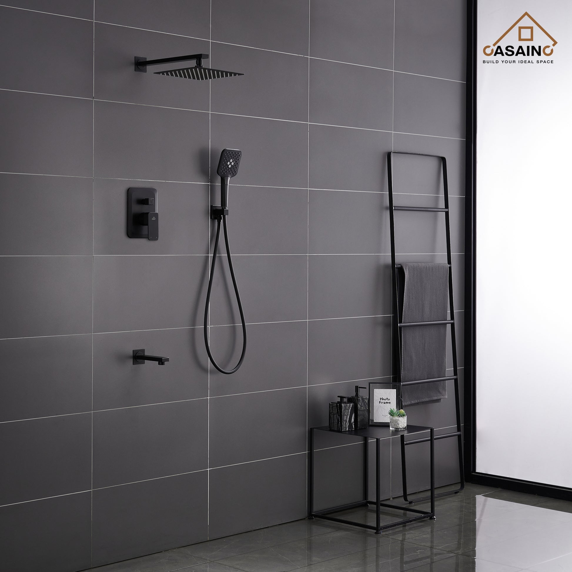 CASAINC 10 inch Square Wall-mounted rain shower faucet with pressure balanced valve