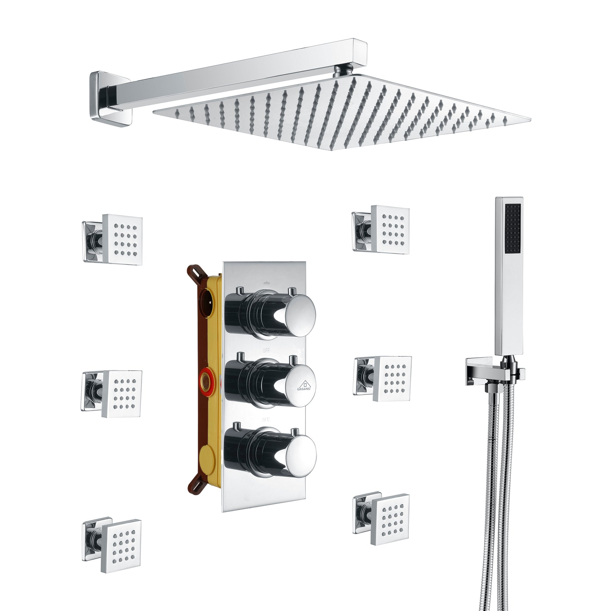 12" Thermostatic Complete Shower System with Rough-in Valve & 6 Body Jets
