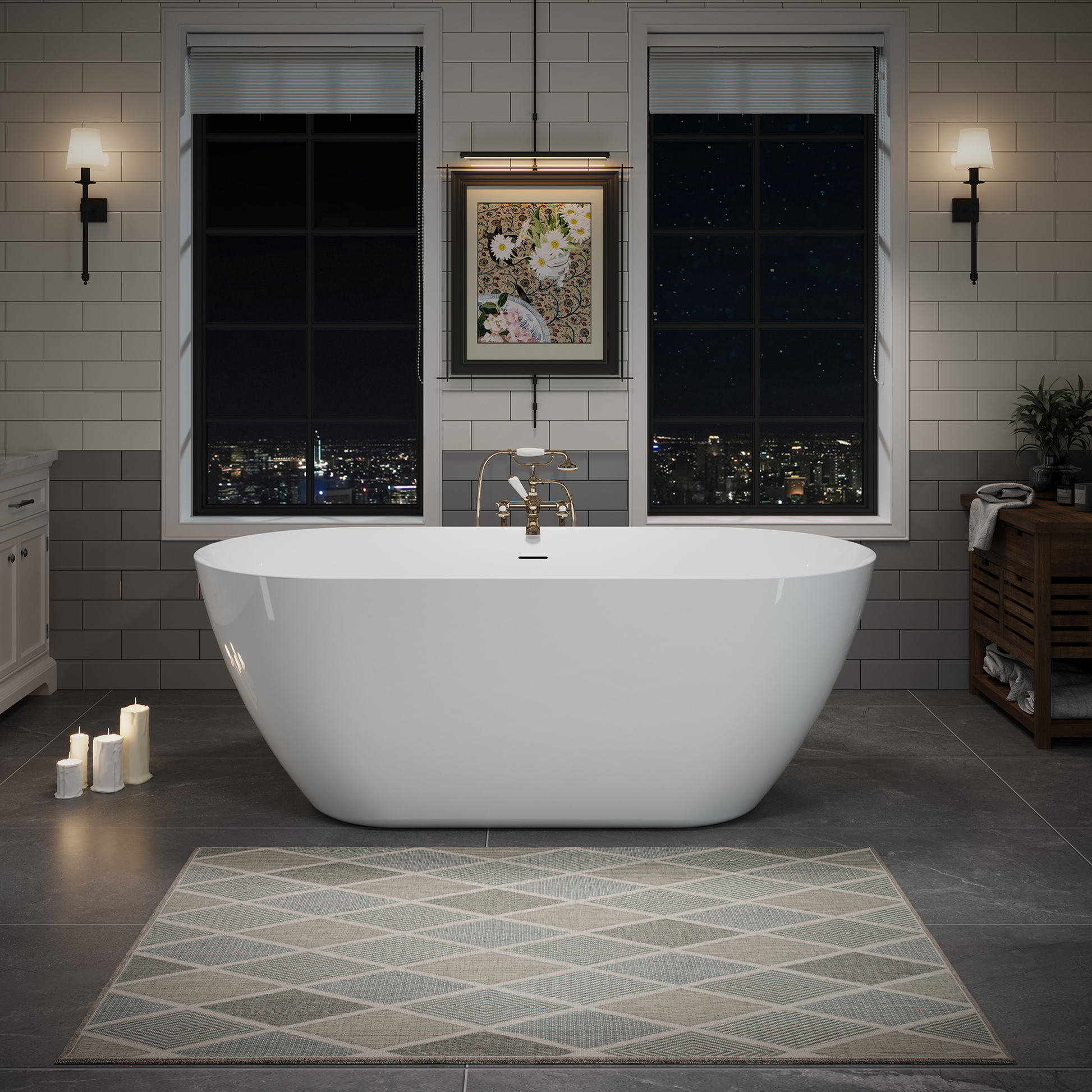 59" Glossy White Acrylic Freestanding Oval Soaking Bathtub with Center Pop-Up Drain and Integrated Overflow