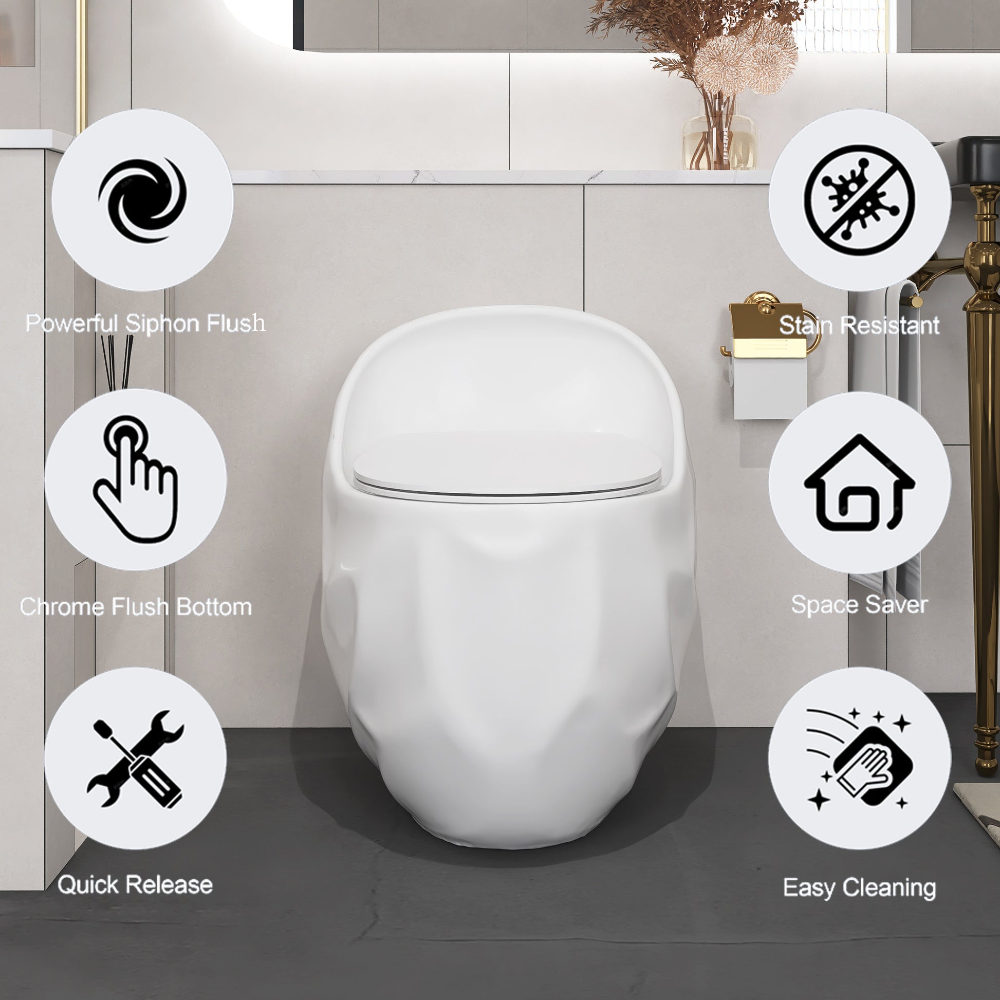 Egg Shape 1-Piece Toilet in Glossy White/Black with 1.28 GPF Single Flush