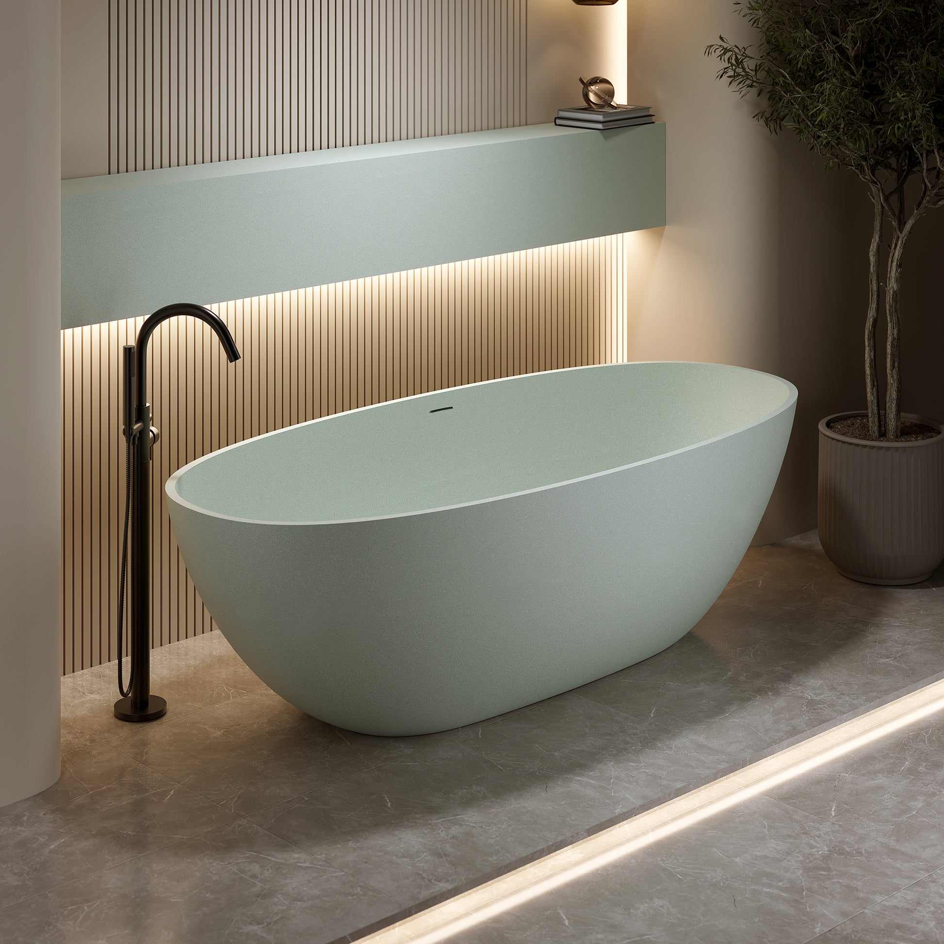 55"/59"/63"/67"/71" Turquoise Green Stone Resin Freestanding Bathtub with Center Overflow and Drain