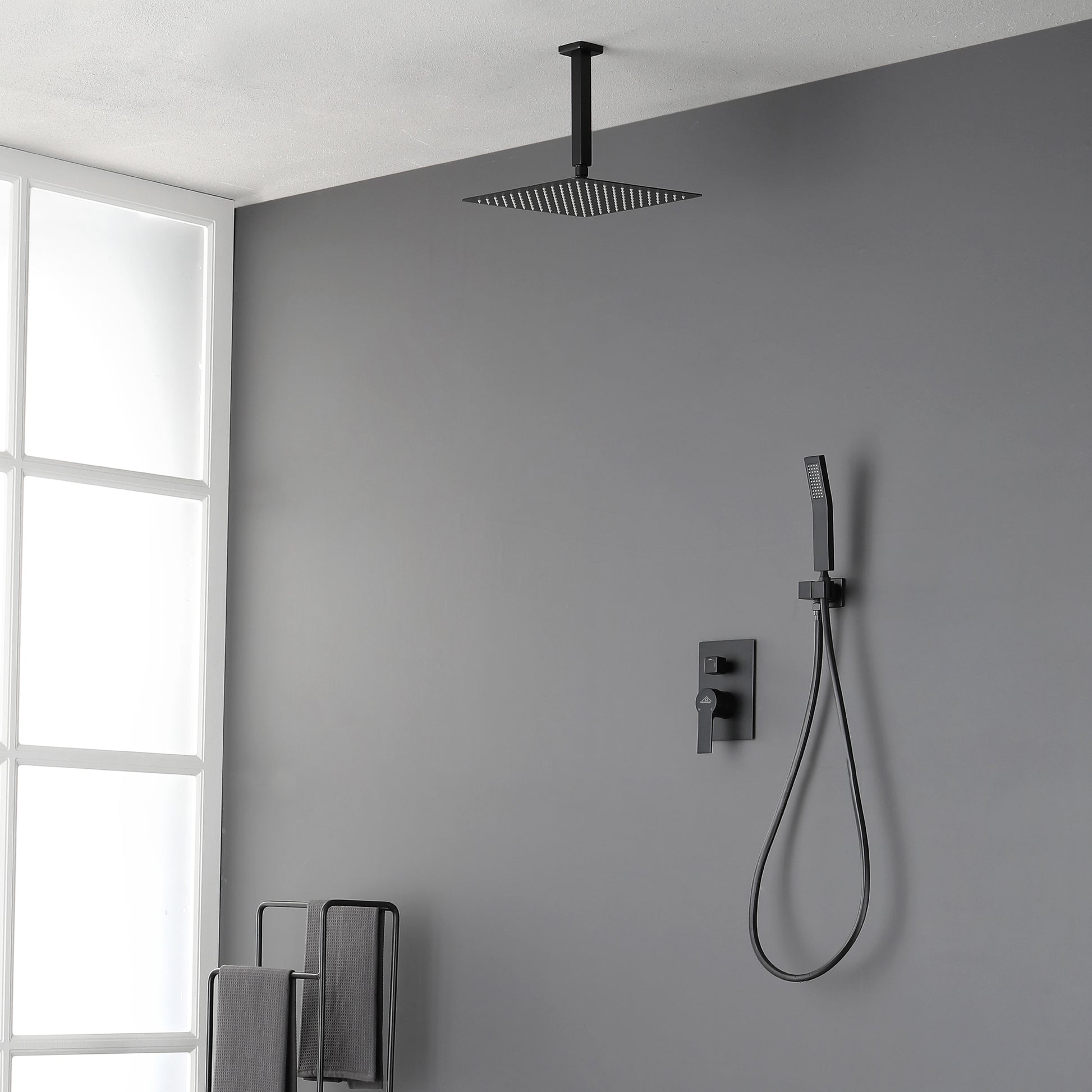 12" Ceiling Mount Dual Shower Heads with Valve Included in Matte Black