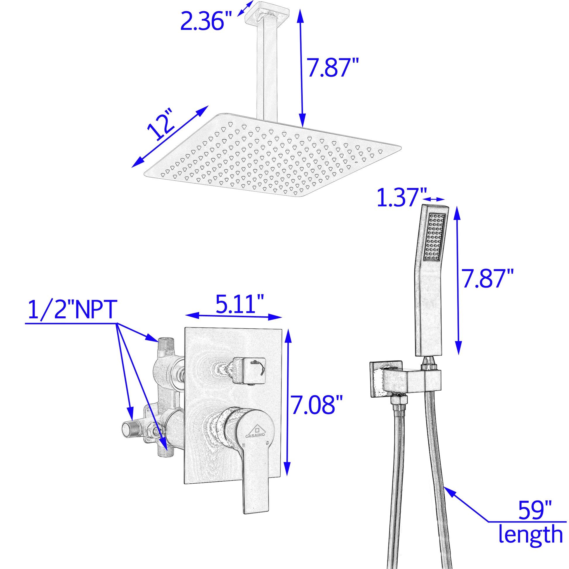 12" Ceiling Mount Dual Shower Heads with Valve Included in Matte Black