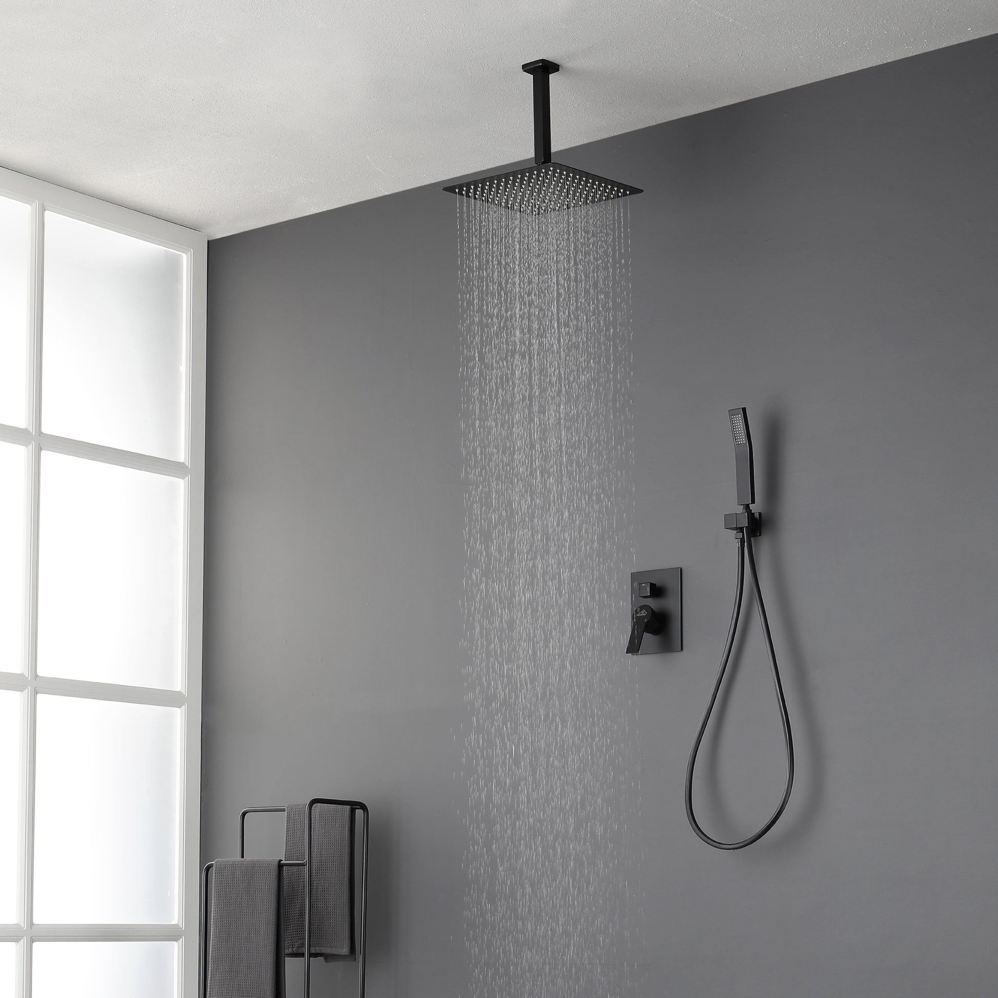 12" Ceiling Mount Dual Shower Heads with Valve Included in Matte Black
