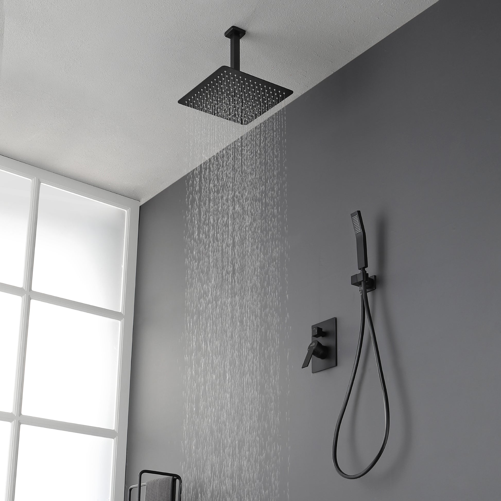 12" Ceiling Mount Dual Shower Heads with Valve Included in Matte Black